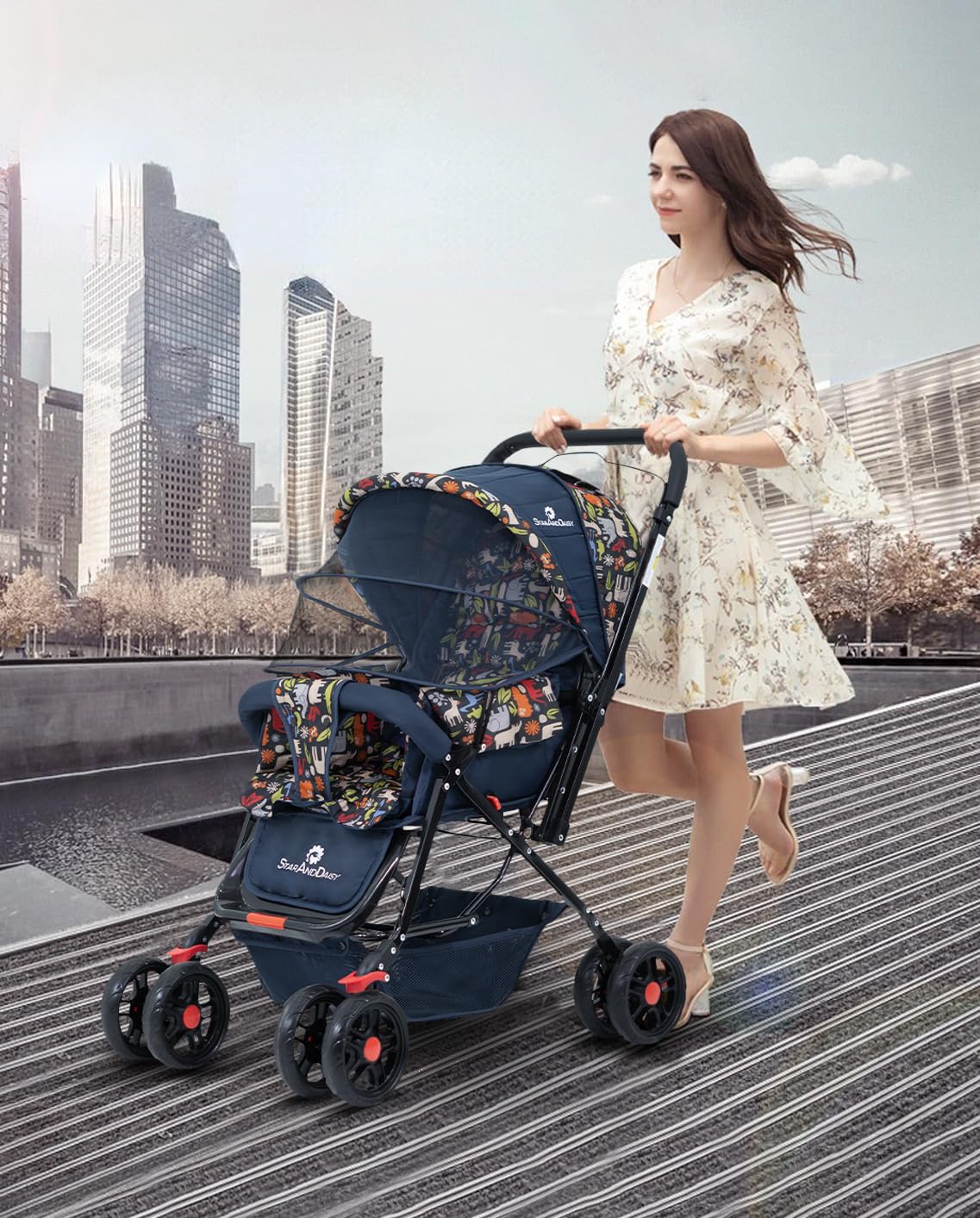 StarAndDaisy Sunrise Baby Stroller Lightweight Foldable Stroller for 0-5 Years, 3-Point Safety Harness, Adjustable Backrest, 360° Swivel Wheel, Extended Mosquito Net, Reversible Handlebar, Large Storage Basket(Delta)
