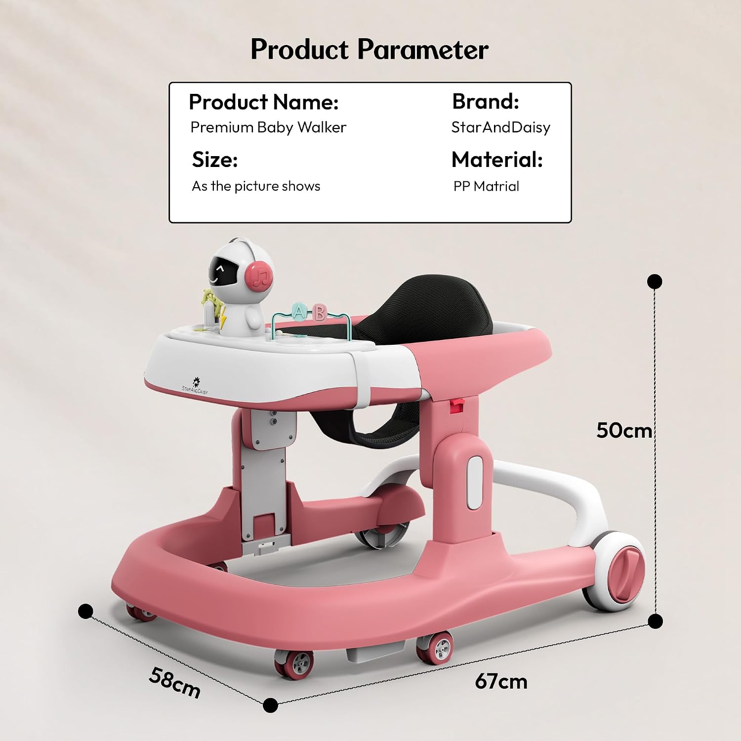 StarAndDaisy Baby Walker/Multifunction/Anti-o Shaped Leg/Anti-Fall/Music Box/Height Adjustment/Baby/Newborn/girl/boy/6-15months *with SEAT Cushion (Premium Pink)