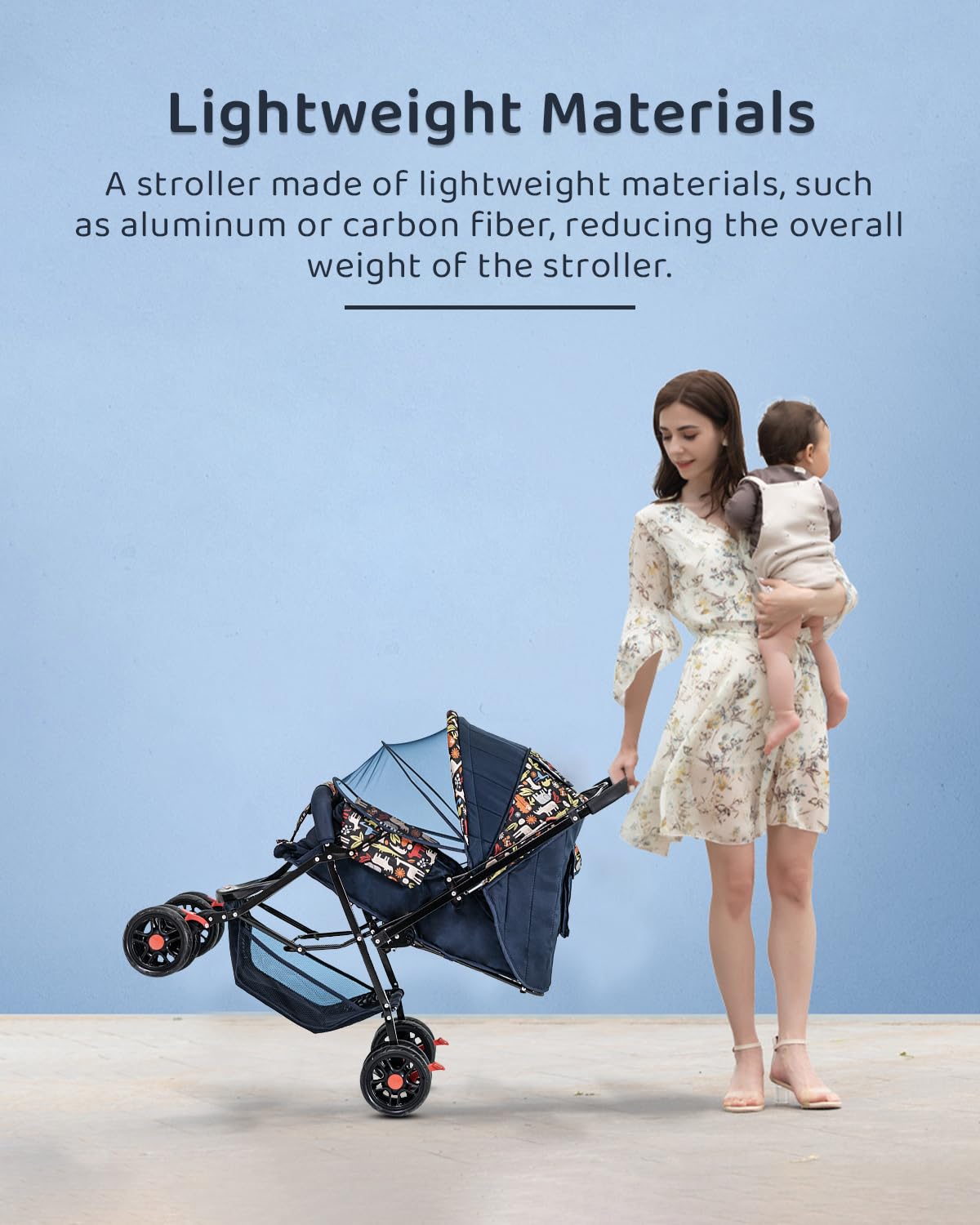 StarAndDaisy Sunrise Baby Stroller Lightweight Foldable Stroller for 0-5 Years, 3-Point Safety Harness, Adjustable Backrest, 360° Swivel Wheel, Extended Mosquito Net, Reversible Handlebar, Large Storage Basket(Delta)
