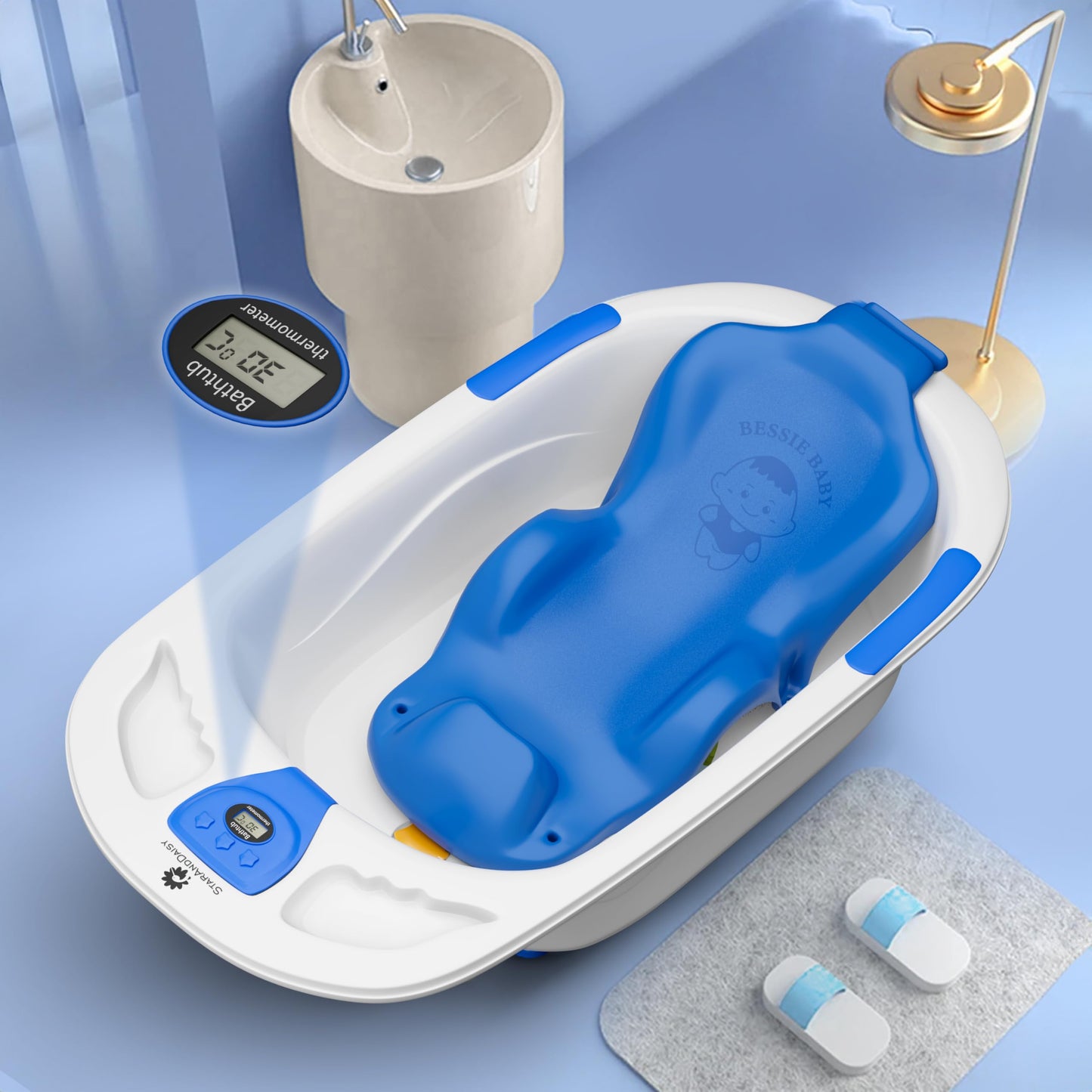 StarAndDaisyBath Tub for 0 to 3 Years/Newborn Baby Bath Tub/Infants Bathtub with Temperatures Sensor & Baby Bath Seat/Sling, Antislip Baby Bath Tub with Bath Chair (White-Blue)