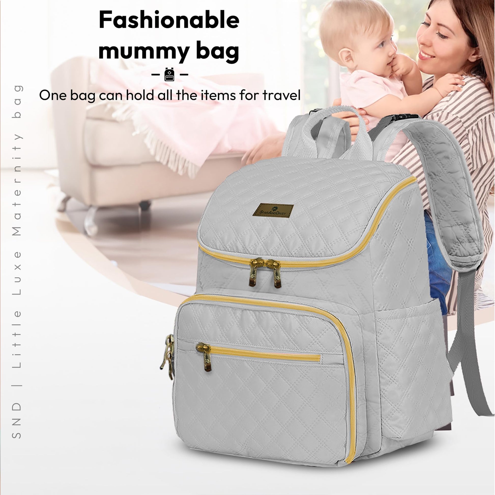 StarAndDaisy Baby Bag for Mother Travel/Maternity Bag with Multi-Compartments, Insulated Bottle Pockets with Changing Sheet, Waterproof 24L Capacity- Grey (Grey)