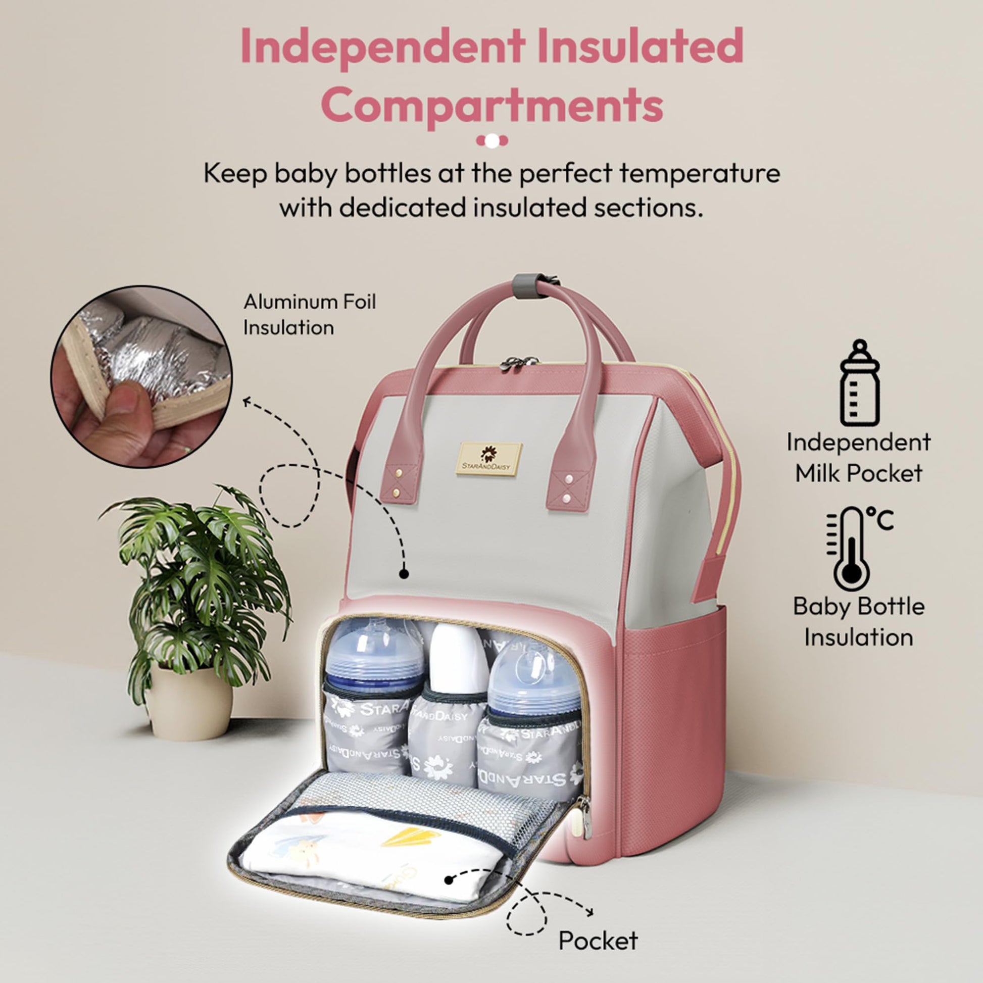StarAndDaisy Diaper Bag / 30L Lightweight Diaper Bag for Mothers for Travel with 3 Insulated Bottle Pockets/Baby Bag for Mother Travel & Maternity Bag for Baby – Pink Grey