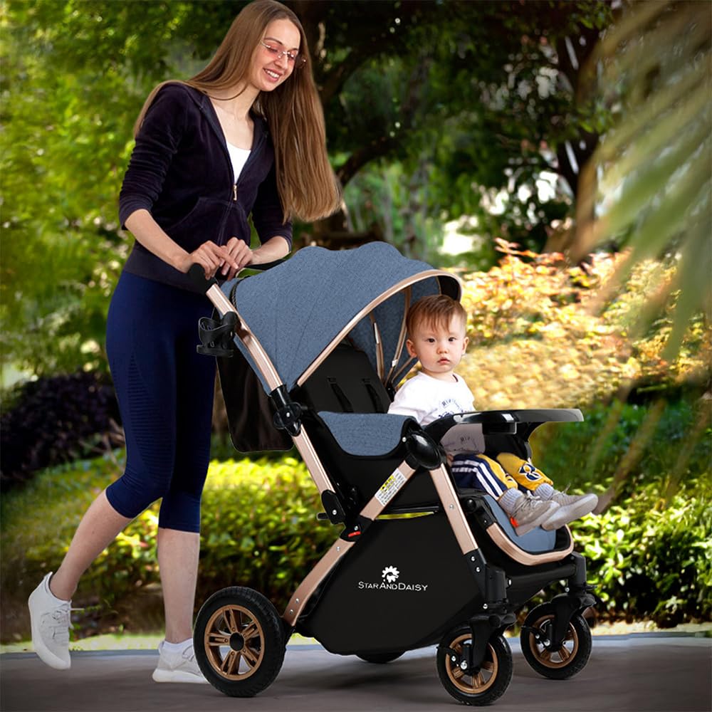 StarAndDaisy Baby Strollers / Pram For 0-3 Years Girl & Boy With Foldable Design, Food Tray, 4 Wheel Suspension, Adjustable Seat, 5 Point Safety Belt, Light Weight & Convenient (Blue)