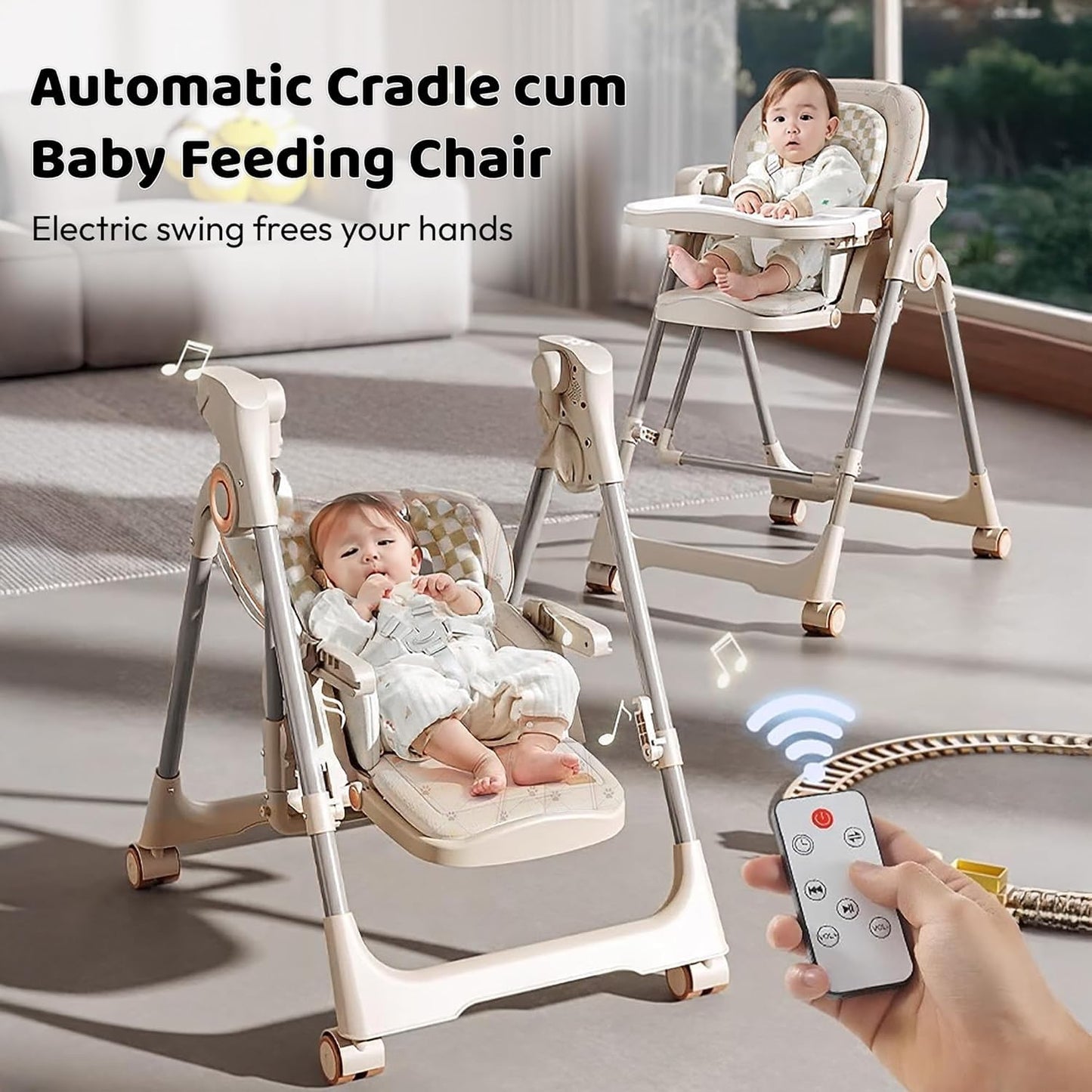 StarAndDaisy Multifunctional Baby Swing cradle for Boy & girl with Automatic Swing High chair, Foldable feeding chair , removable dining tray , Adjustable Backrest & Footrest for infants & toddler-Beige