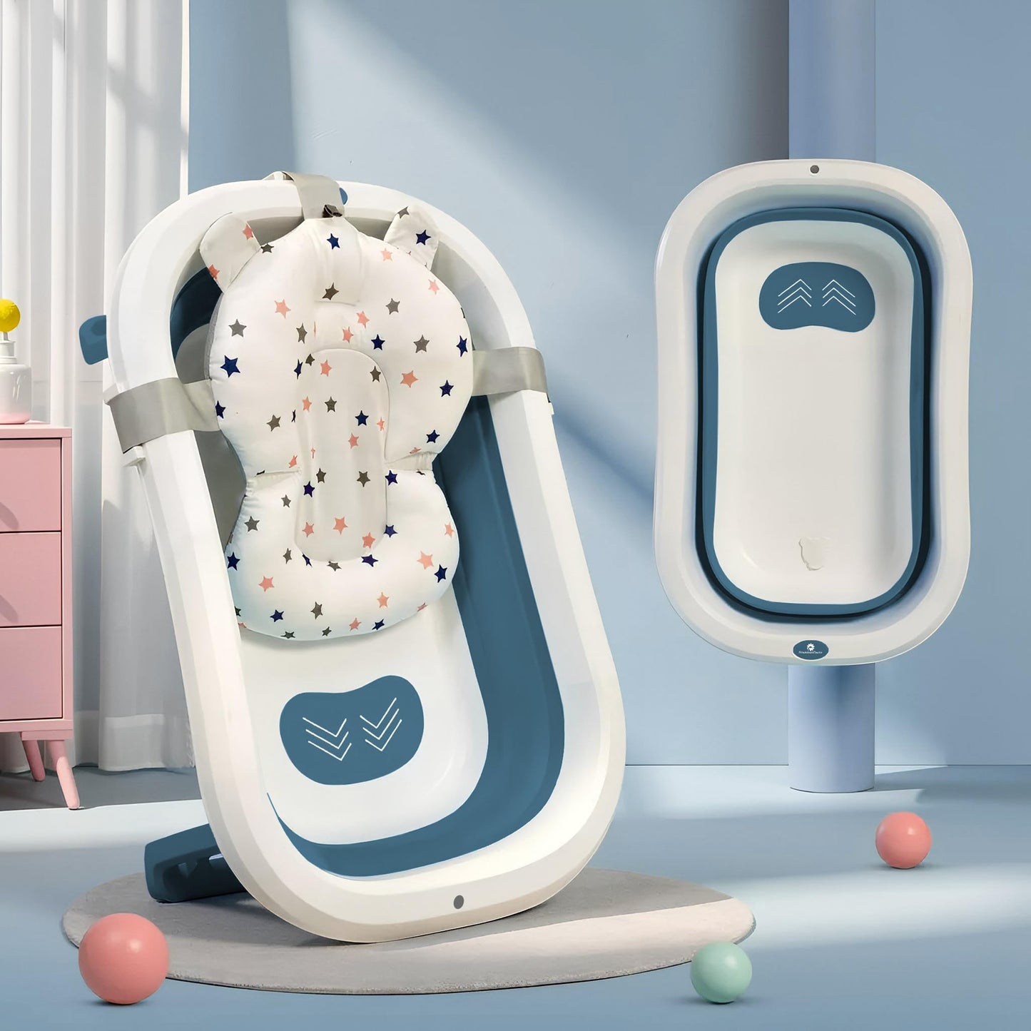 StarAndDaisy Bath Tub for Baby 0-5 Years/Foldable Bath tub for Kids with Cushion, Space Saving Design, Newborn Baby Folding Bathing Tub Girls & Boys, Easy to Store- Dark Blue