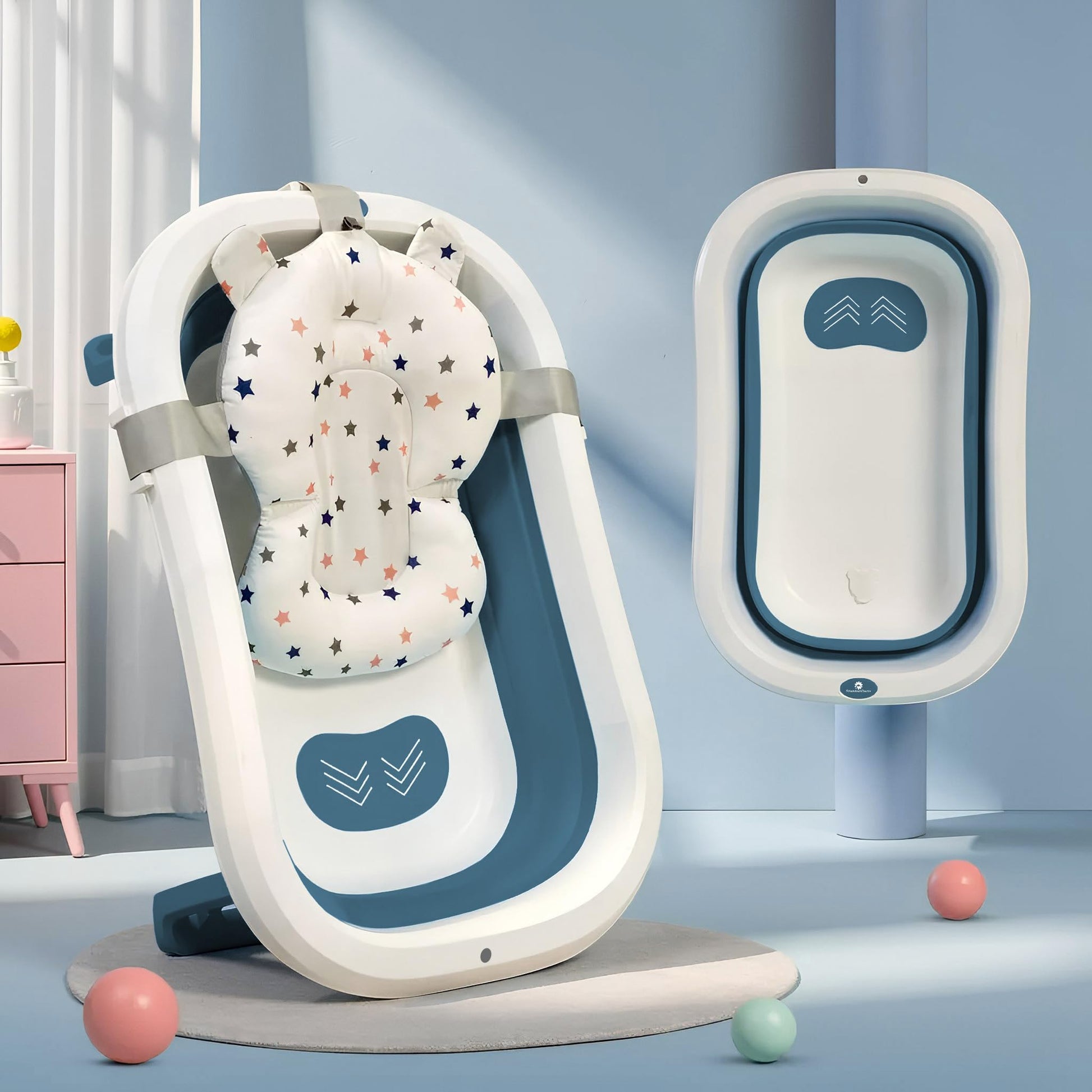 StarAndDaisy Bath Tub for Baby 0-5 Years/Foldable Bath tub for Kids with Cushion, Space Saving Design, Newborn Baby Folding Bathing Tub Girls & Boys, Easy to Store- Dark Blue