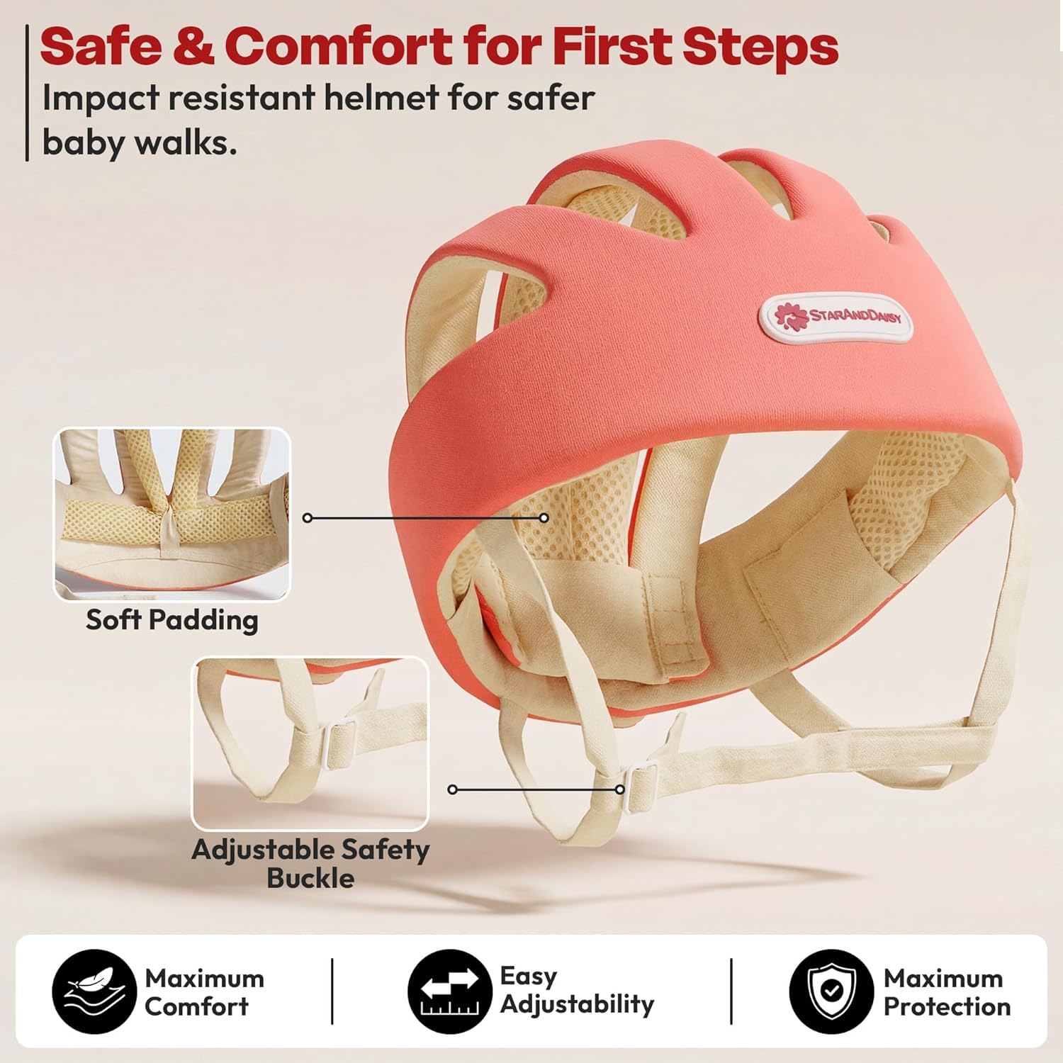 StarAndDaisy Baby Safety Helmet for Head Protection | Soft Cotton Baby Helmet with Cushion Padding | Adjustable Baby Head Protector for Crawling & Walking Toddlers -Peach