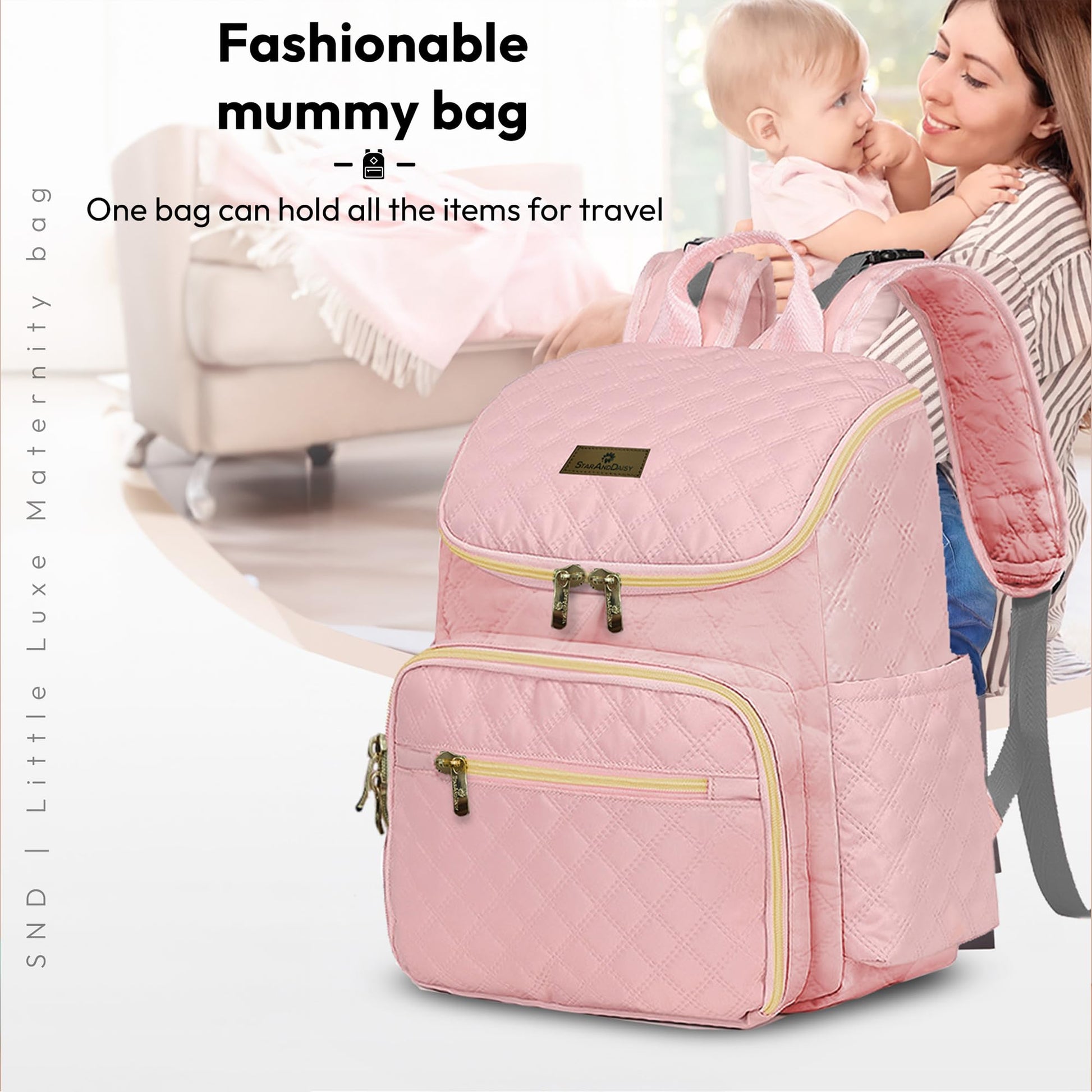 StarAndDaisy Baby Bag for Mother Travel/Maternity Bag with Multi-Compartments, Insulated Bottle Pockets with Changing Sheet, Waterproof 24L Capacity- Grey (Pink)