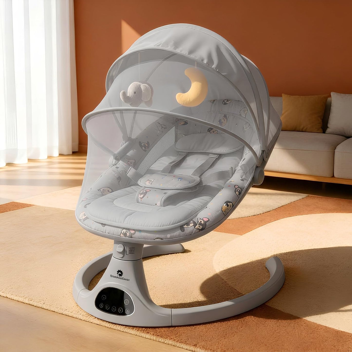 StarAndDaisy baby rockers for 0 to 2 years, Baby Multi functional rocker for babies, Infants & Toddler with mattress, 5-level Automatic Swing & Bouncer/ cradle with touch panel & hanging toys (601-Printed Grey)