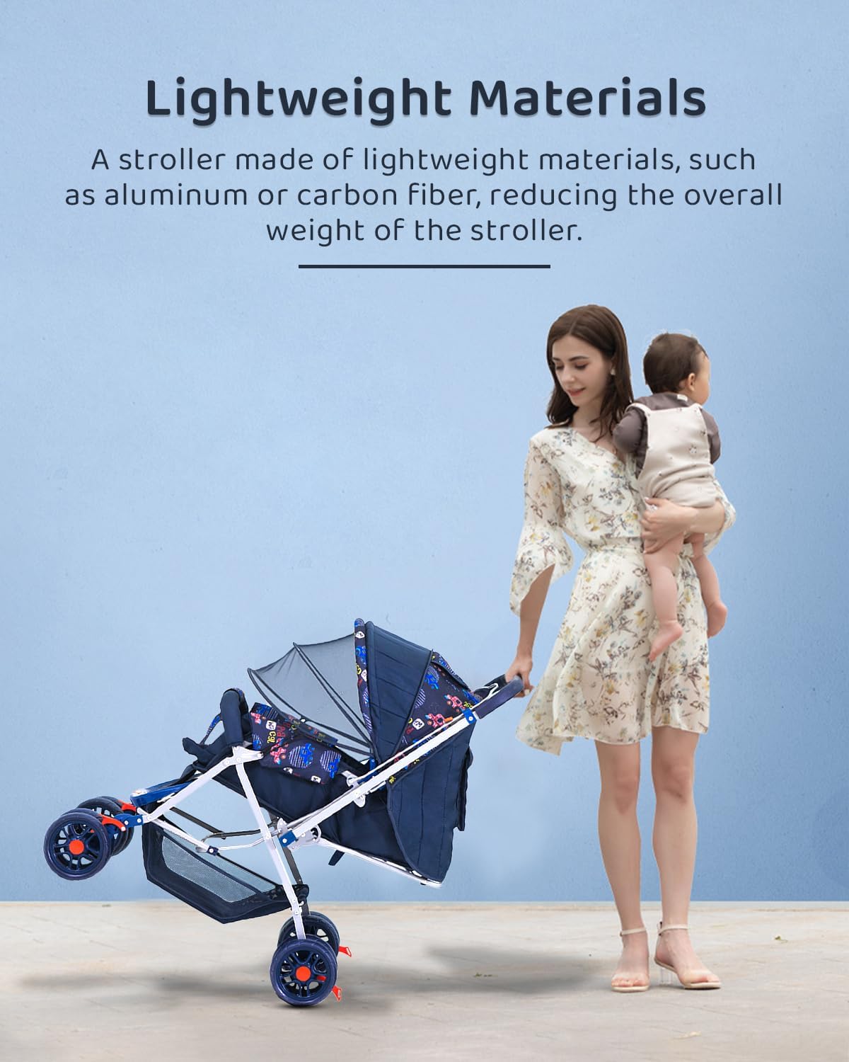 StarAndDaisy Sunrise Baby Stroller for 0-5 Years - Lightweight Foldable Pram with 3-Point Safety Harness, Adjustable Backrest, 360° Swivel Wheel, Reversible Handlebar, Extended Mosquito Net (Beta)