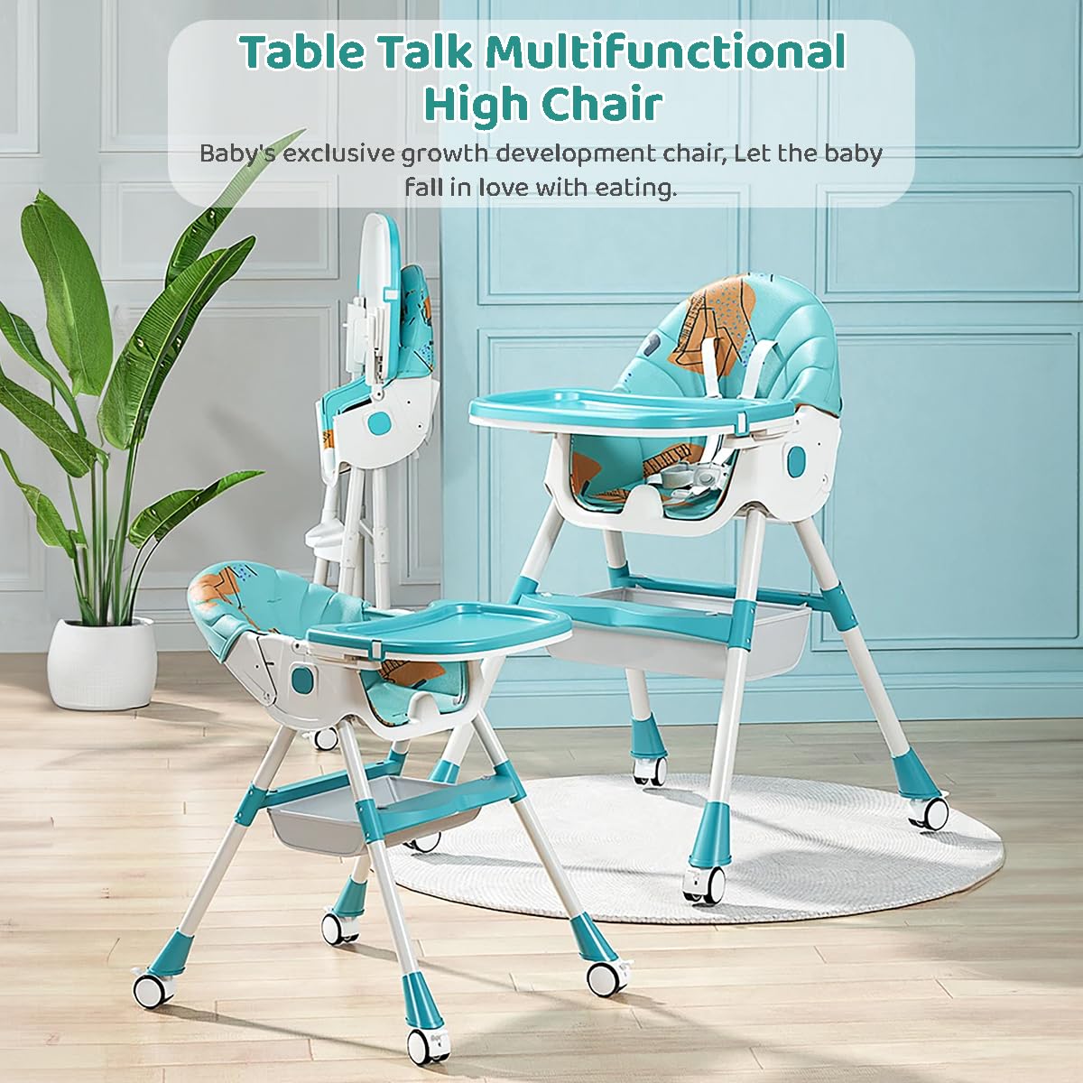 StarAndDaisy Baby High Chair Recline Highchair/Baby Feeding Chair with Height Adjustable Seate/Upgraded Kids High Chair with Wheel and PU Cushion pad (TT Blue Yellow)