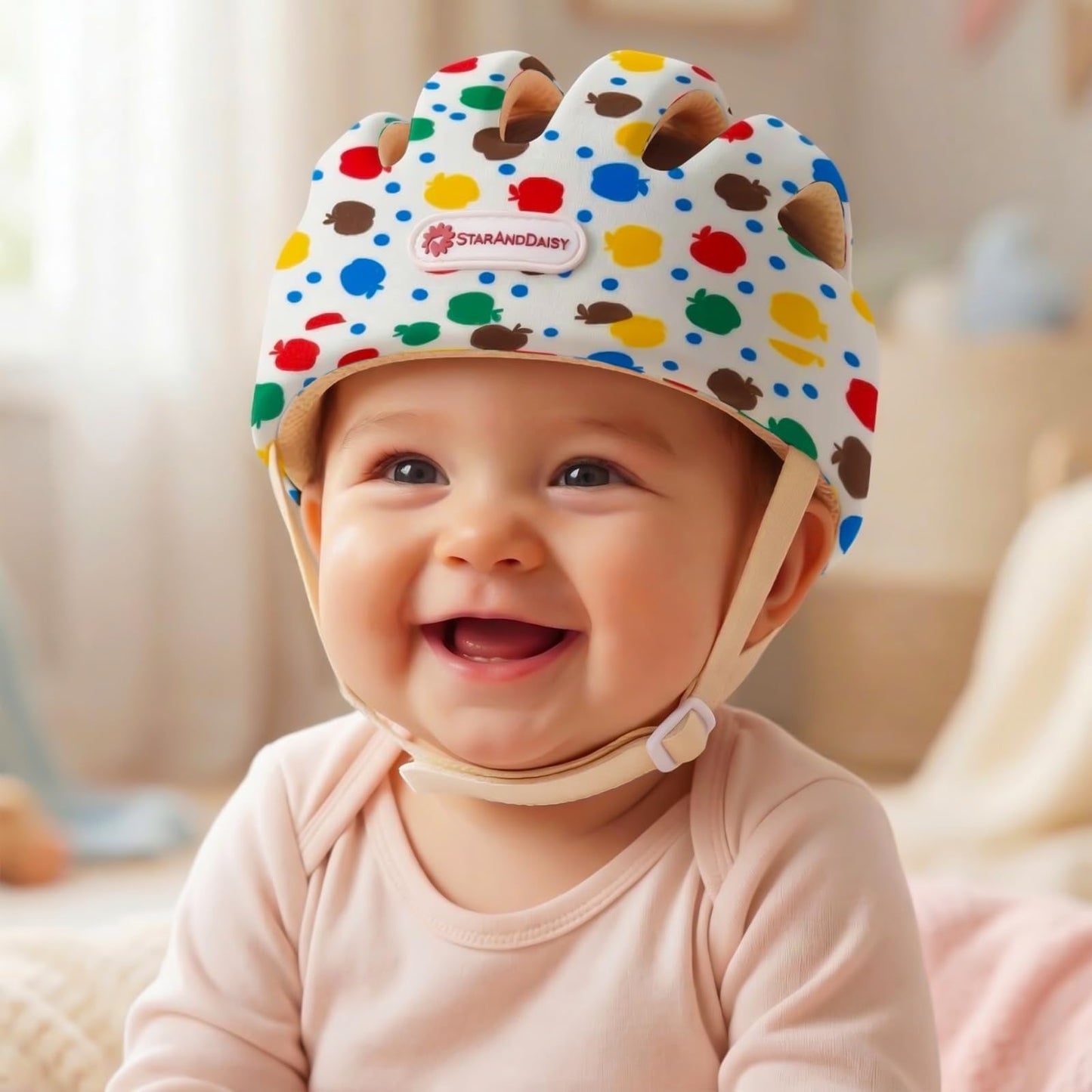 StarAndDaisy Baby Safety Helmet for Head Protection | Soft Cotton Baby Helmet with Cushion Padding | Adjustable Baby Head Protector for Crawling & Walking Toddlers -Apple Print