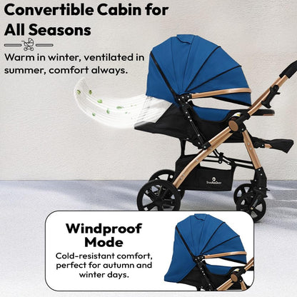 StarAndDaisy Foldable Stroller for Baby 0-3 Years Infant & Toddler / Travel Pram for Baby with Suspension & Lockable Wheels, Multi-Level Recline & Adjustable Footrest & Canopy, Removable Tray , Safety Harness Belt -Blue