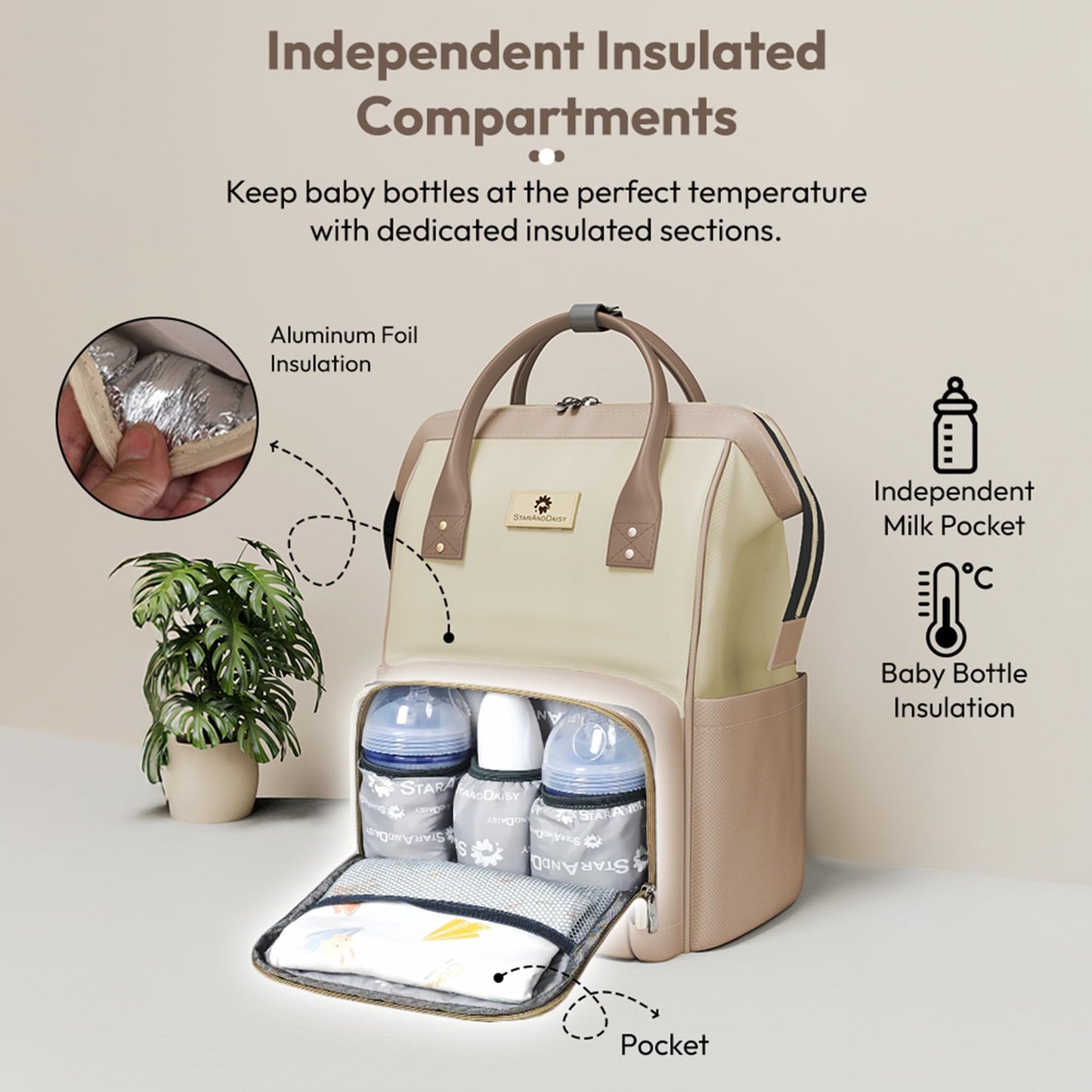 StarAndDaisy Diaper Bag for Mothers for Travel / 30L Lightweight Hospital Bag with 3 Insulated Bottle Pockets/Baby Bag for Mother Travel & Diaper Bag for Baby – Brown Beige