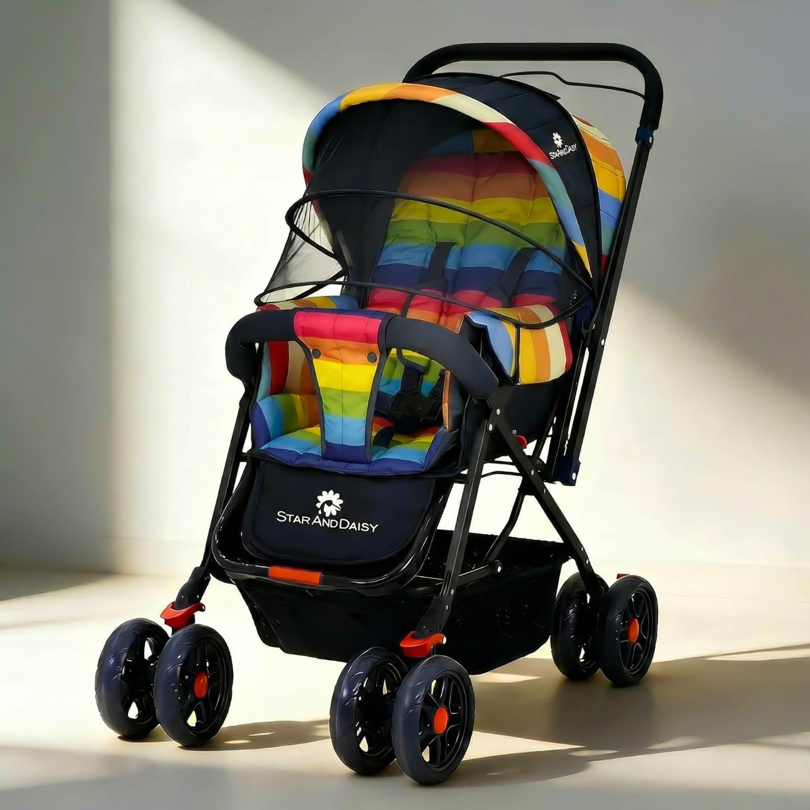 StarAndDaisy Baby Stroller for 0–3 Years, Foldable Baby Stroller/Pram with Mosquito Net, Large Storage Basket, 5 Point Safety Harness