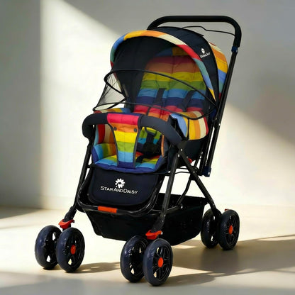 StarAndDaisy Baby Stroller for 0–3 Years, Foldable Baby Stroller/Pram with Mosquito Net, Large Storage Basket, 5 Point Safety Harness