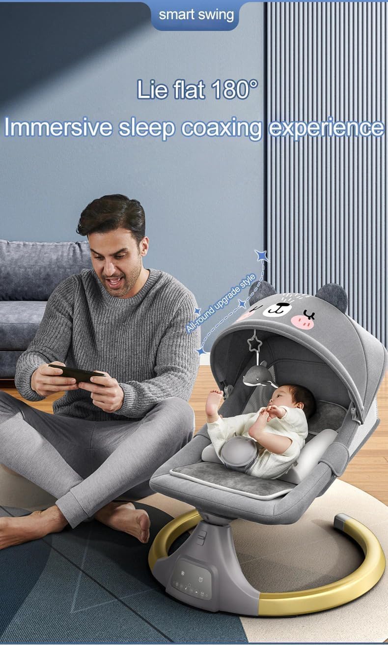 StarAndDaisy Baby Rockers for 0 to 2 Years, Baby Multi Functional Rocker for Babies, Infants & Toddler with Mattress, 5-Level Automatic Swing & Bouncer/Cradle with Touch Panel & Hanging Toys (Grey.)