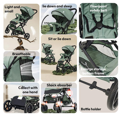 StarAndDaisy Foldable Stroller for Baby 0-3 Years Infant & Toddler / Travel Pram for Baby with Storage basket & Lockable Wheels, Multi-Level Recline & Adjustable Footrest, Removable Tray , Safety Harness Belt -Green