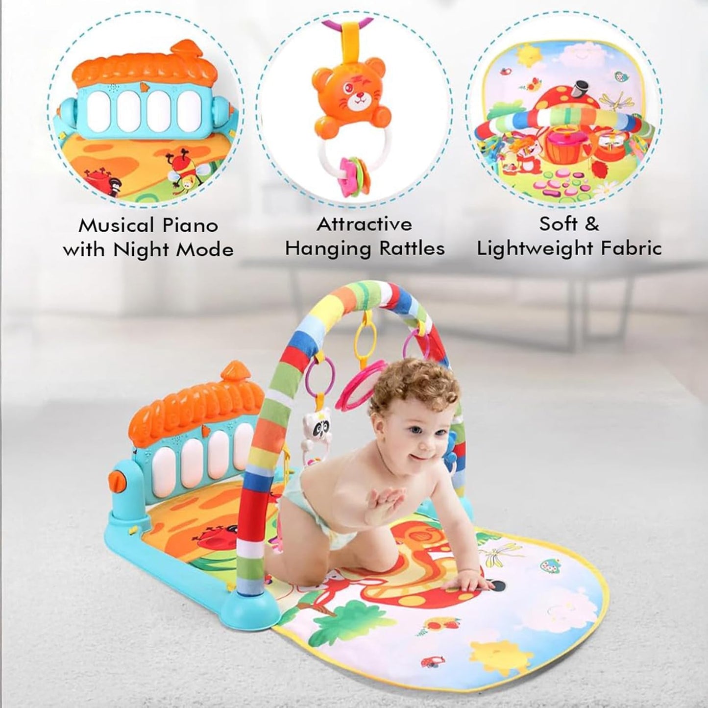 Uonibaby by StarAndDaisy Musical Baby Convertible Playmat, Play Gym Mat with Hanging Rattles Lights for 0-6 Months Babies.
