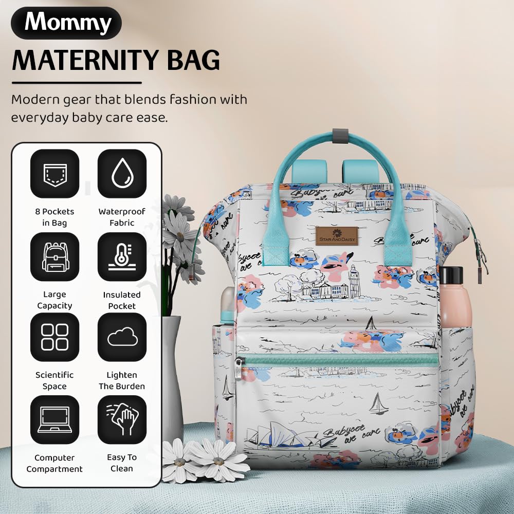 StarAndDaisy Baby Diaper Bag for Mother Travel/Diaper Bags for Mother for Travel with Laptop Pocket, Multi Compartments, Insulated Bottle Pockets, Waterproof, Ultra soft fabric - White