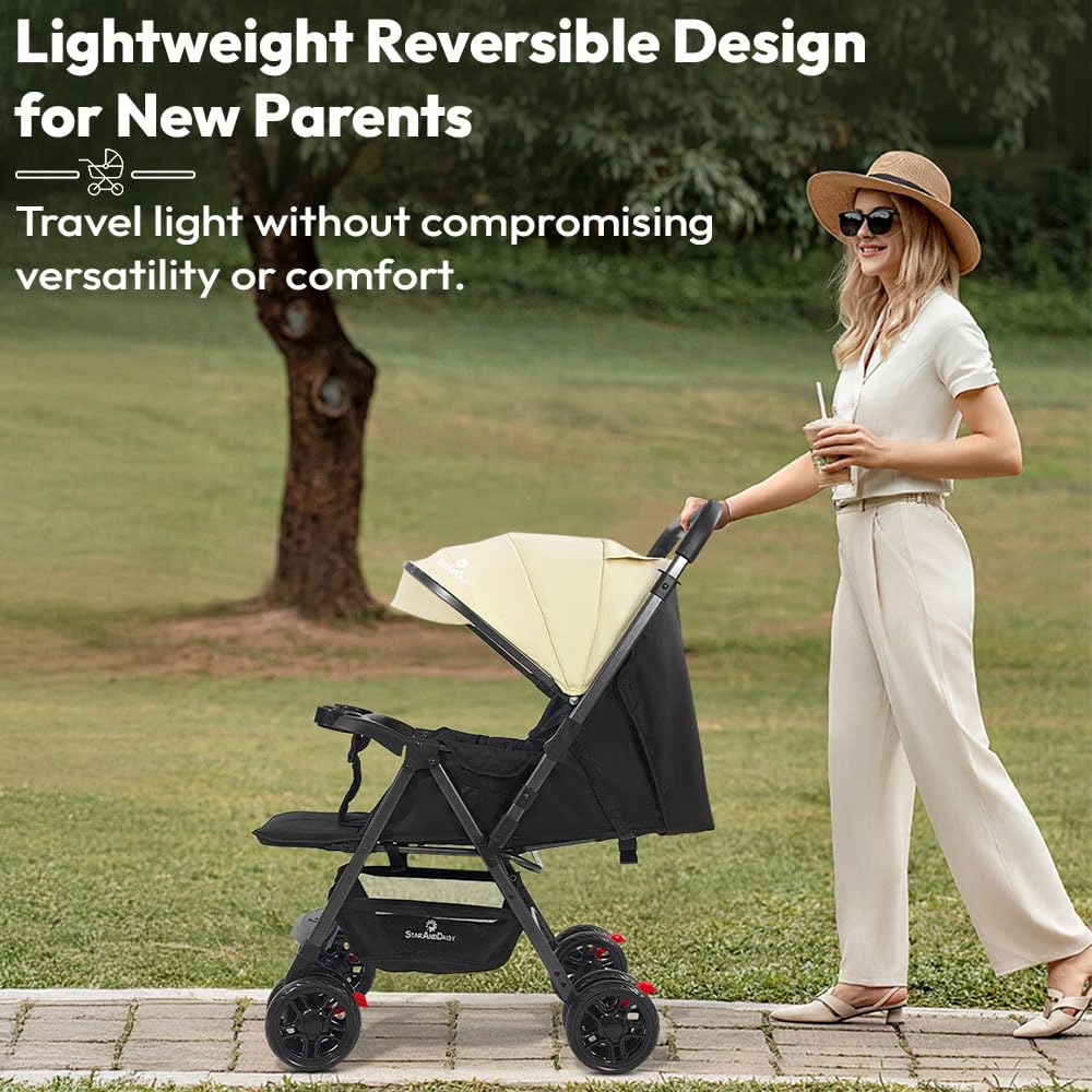 StarAndDaisy Baby Stroller for 0–3 Years, Foldable Pram with 3 Reclining Positions/Baby Stroller with Food Tray and 360 Degree Swivel Wheels