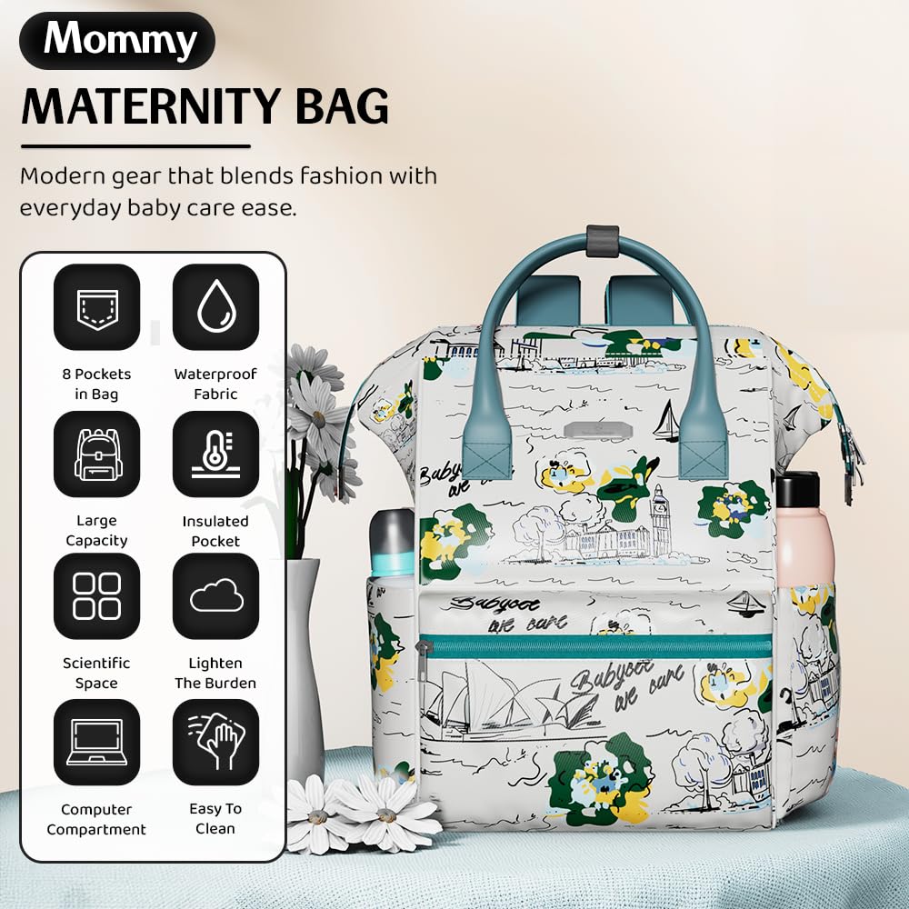 StarAndDaisy Baby Diaper Bag for Mother Travel/Diaper Bags for Mother for Travel with Laptop Pocket, Multi Compartments, Insulated Bottle Pockets, Waterproof, Ultra soft fabric - White Green