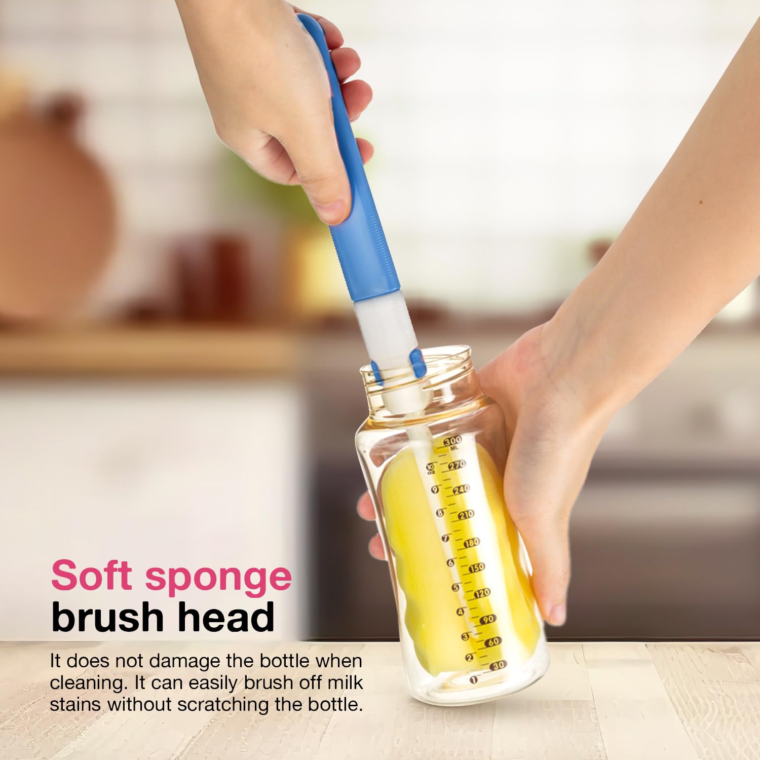 BAYBEE 4 in 1 Nylon Bristles Baby Feeding Bottles & Nipple Cleaning Brush Easy Grip 360° Rotating Long Handle for Easy to Clean Bottle Neck & Corners for All Mugs & Cups (Blue)