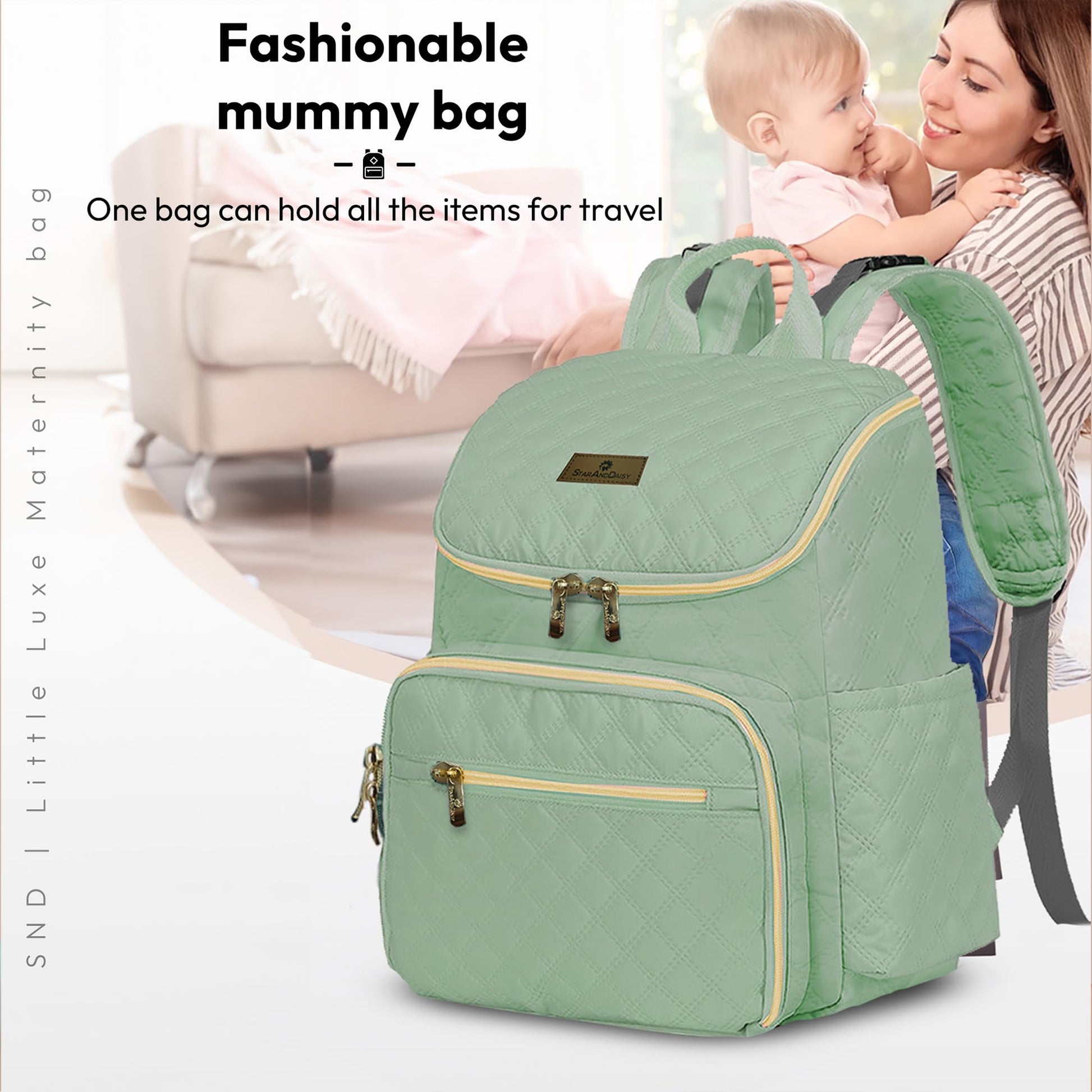 StarAndDaisy Baby Bag for Mother Travel/Maternity Bag with Multi-Compartments, Insulated Bottle Pockets with Changing Sheet, Waterproof 24L Capacity- Grey (Green)