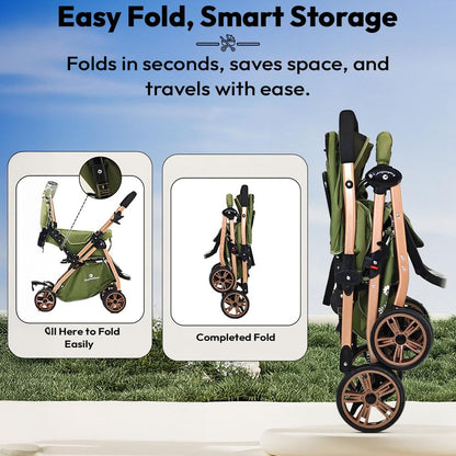StarAndDaisy Foldable Baby Stroller for 0-3 years Infant & Toddler / Travel Pram for Baby with 360° Swivel Lockable Front Wheels , Multi-Level Recline & Adjustable Footrest , Removable Tray , Safety Harness Belt -Black