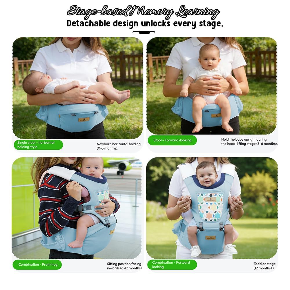 StarAndDaisy 4-in-1 Baby Carrier for 0 to 3 Year Baby/Kangaroo Bag with Comfortable Soft Hip Seat/Baby Carrier - 4 Carrying Positions with 2 Storage Pockets - Blue (4-in-1 Light Blue)