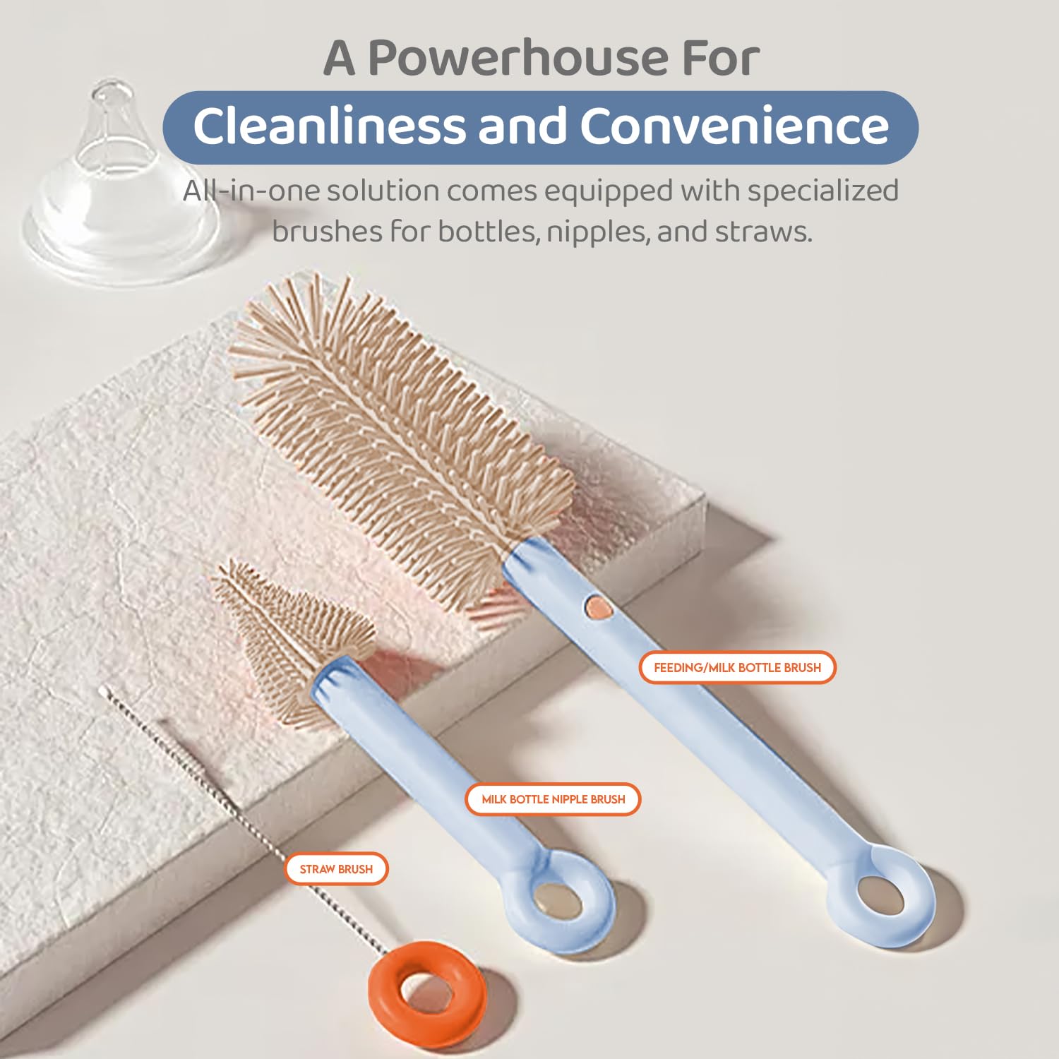 StarAndDaisy Baby Bottle Cleaning Brush With Silicone Bristle for Nipple | 360° Cleaning With Stand, Long Handle, Easy to Clean Narrow & Wide Neck Bottles With Corners