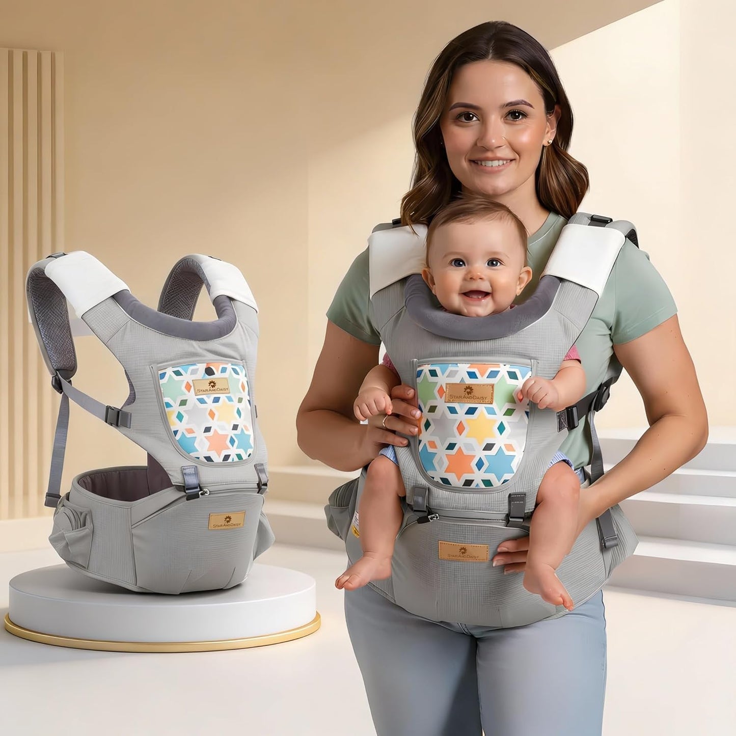StarAndDaisy 4-in-1 Baby Carrier for 0 to 3 Year Baby/Kangaroo Bag with Comfortable Soft Hip Seat/Baby Carrier - 4 Carrying Positions with 2 Storage Pockets - Blue (4-in-1 Light Grey)