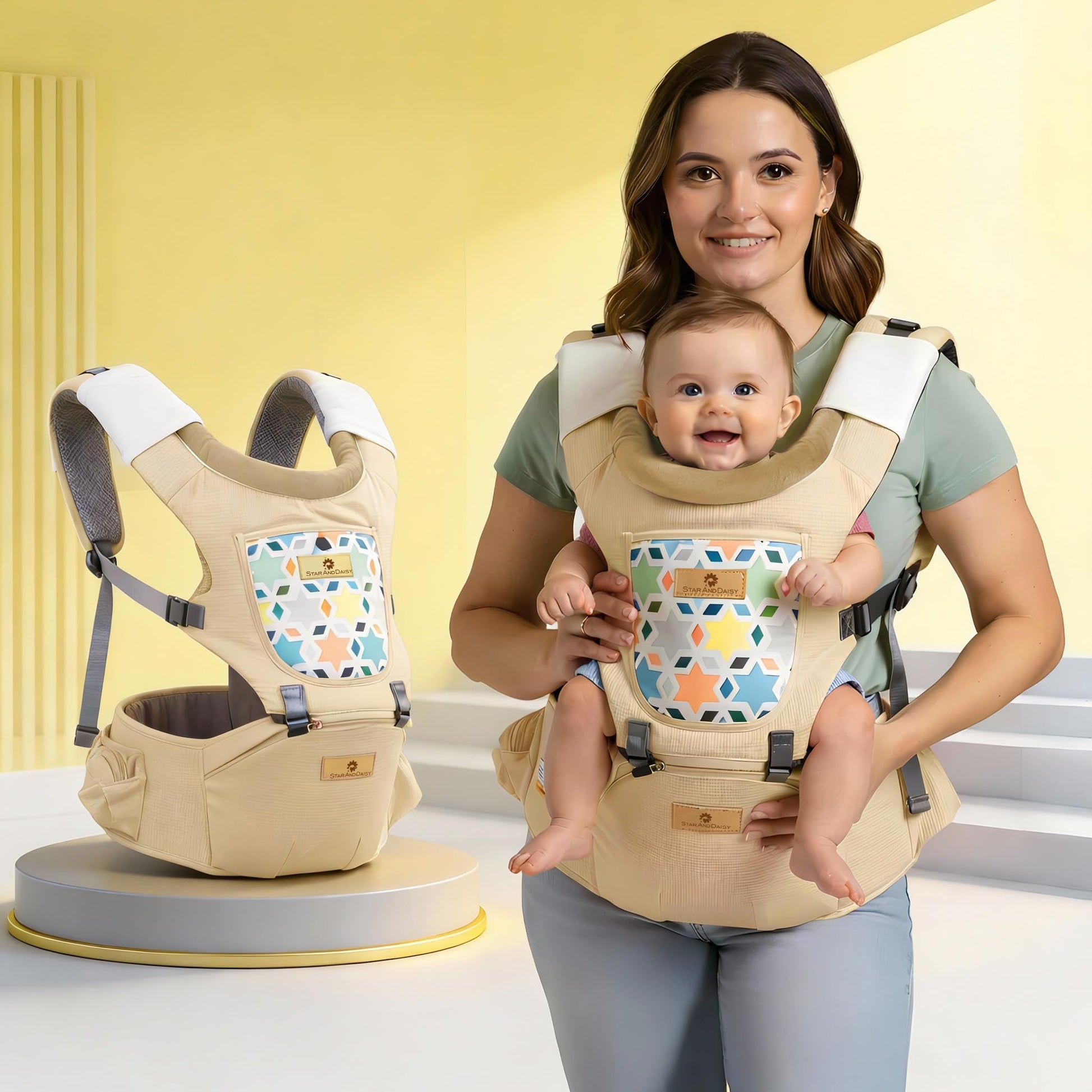 StarAndDaisy 4-in-1 Baby Carrier for 0 to 3 Year Baby/Kangaroo Bag with Comfortable Soft Hip Seat/Baby Carrier - 4 Carrying Positions with 2 Storage Pockets - Blue (4-in-1 Beige)