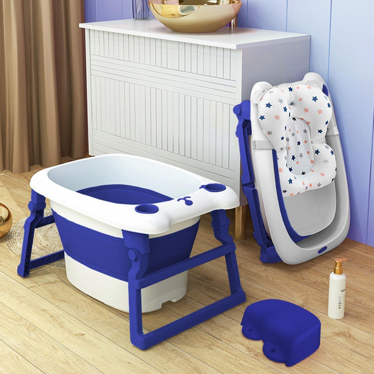 StarAndDaisy 2-in-1 Baby Bath tub for 0 to 5 Years with Bathing Chair & Cushion/Foldable Bath tub for Kids 0-3 Years for Girls and Boys, Space Saving Design & Fast Drainage (Blue)