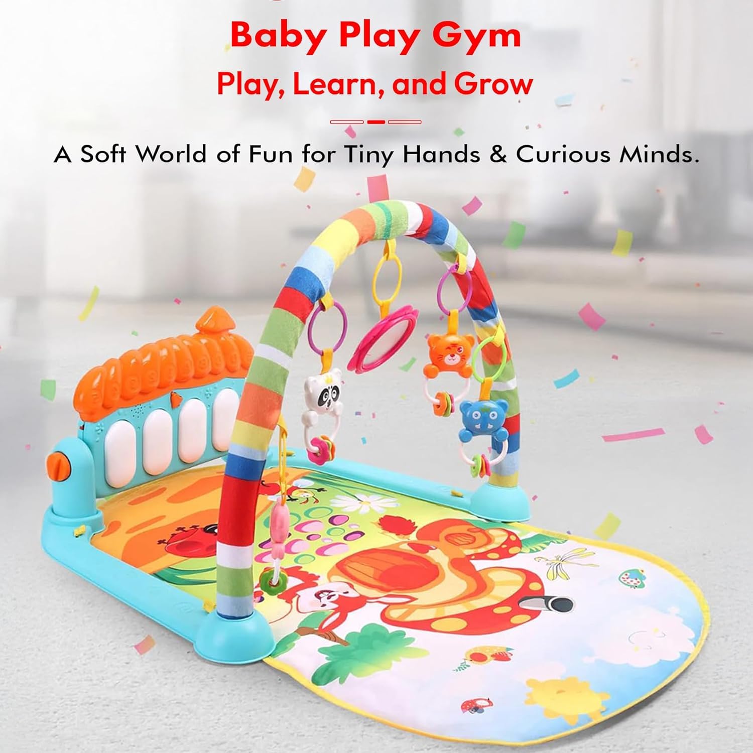 Uonibaby by StarAndDaisy Musical Baby Convertible Playmat, Play Gym Mat with Hanging Rattles Lights for 0-6 Months Babies.