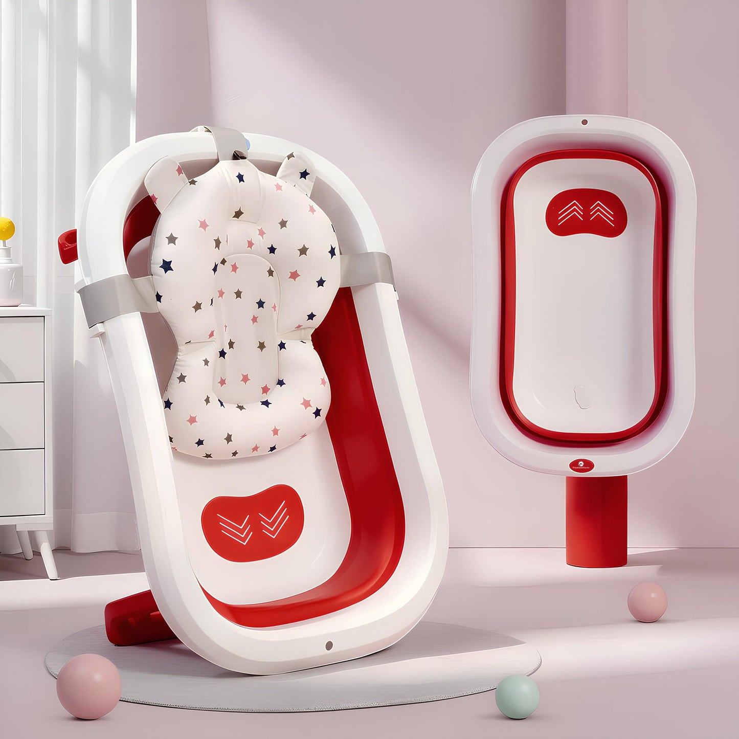 StarAndDaisy Bath Tub for Baby 0-3 Years/Foldable Bath tub for Kids with Cushion, Space Saving Design, Newborn Baby Folding Bathing Tub Girls & Boys, Easy to Store -Red