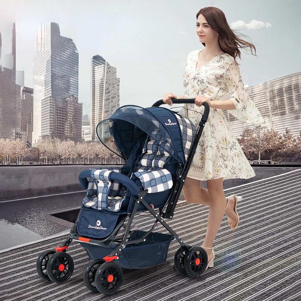 StarAndDaisy Baby Stroller for 0–3 Years, Foldable Baby Stroller/Pram with Mosquito Net, Large Storage Basket, 5 Point Safety Harness