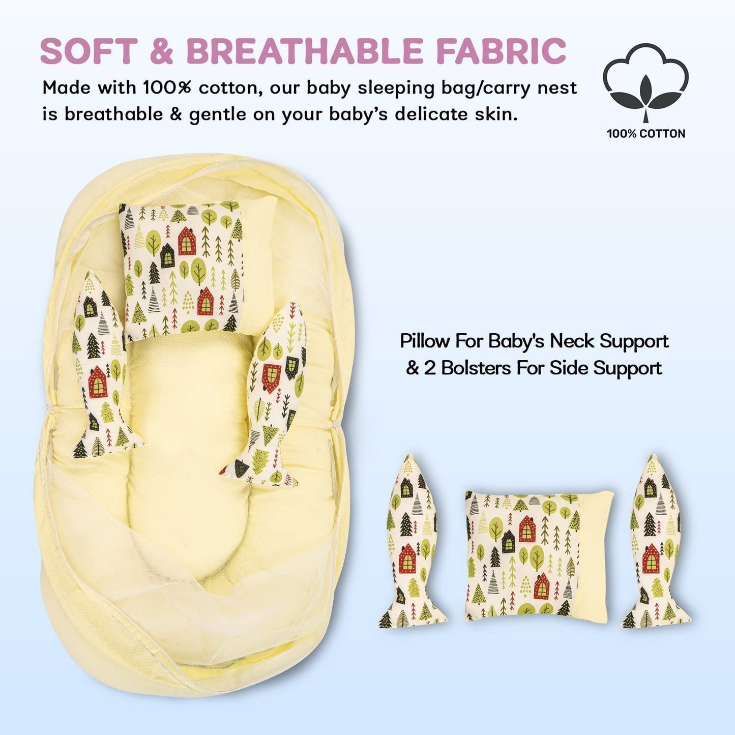Baybee Baby Bedding Set for New Born Baby, Bed Mattress with Mosquito Net, Neck Pillow & 2 Bolsters Sleeping Nest Travel Bed for Baby Infant Toddler Bed Set for Baby Boy Girl 0-6 Months Green
