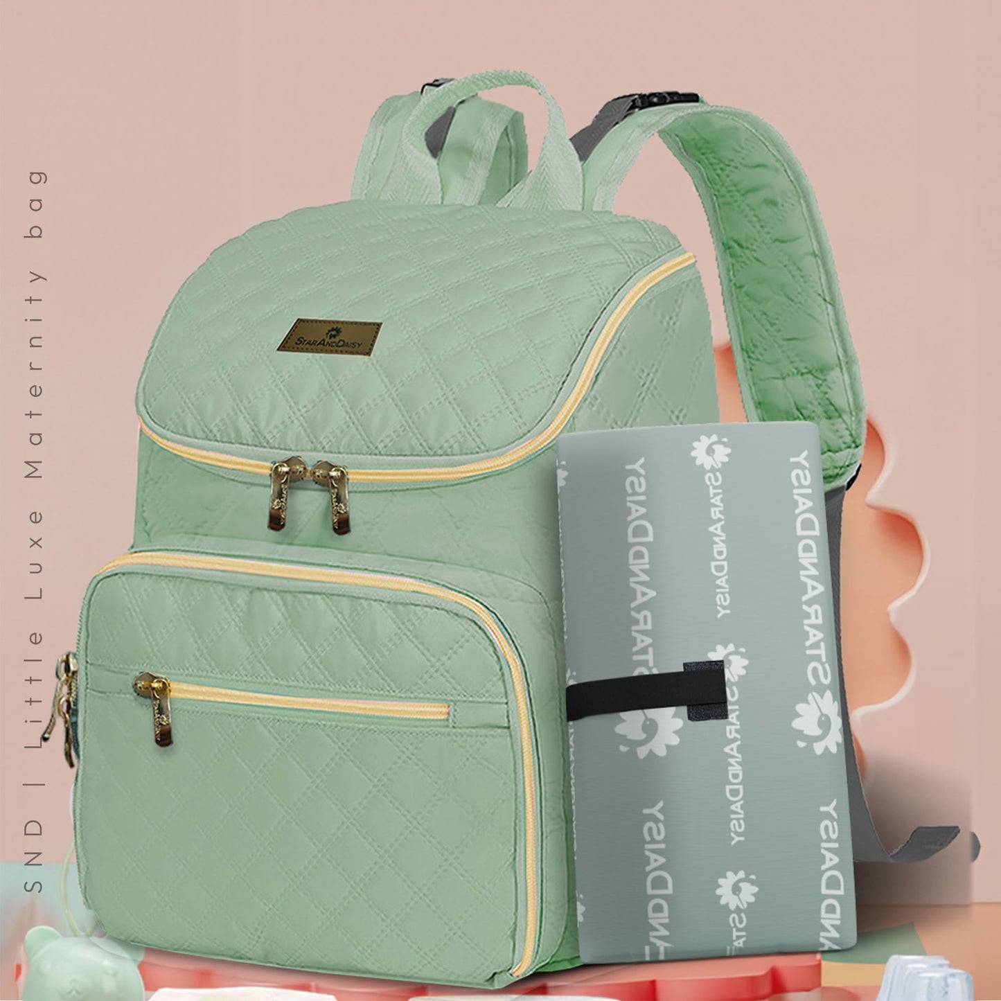 StarAndDaisy Baby Bag for Mother Travel/Maternity Bag with Multi-Compartments, Insulated Bottle Pockets with Changing Sheet, Waterproof 24L Capacity- Grey (Green)