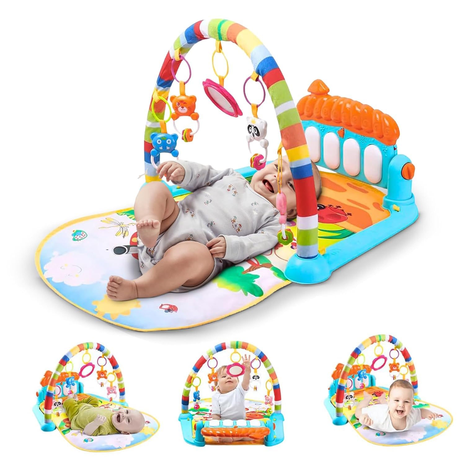 Uonibaby by StarAndDaisy Musical Baby Convertible Playmat, Play Gym Mat with Hanging Rattles Lights for 0-6 Months Babies.