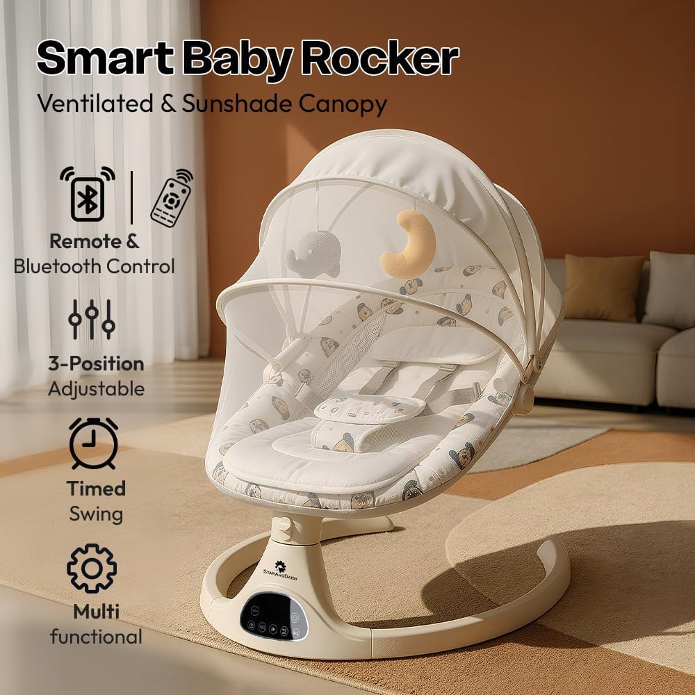 StarAndDaisy baby rockers for 0 to 2 years, Baby Multi functional rocker for babies, Infants & Toddler with mattress, 5-level Automatic Swing & Bouncer/ cradle with touch panel & hanging toys (601-Printed Grey)