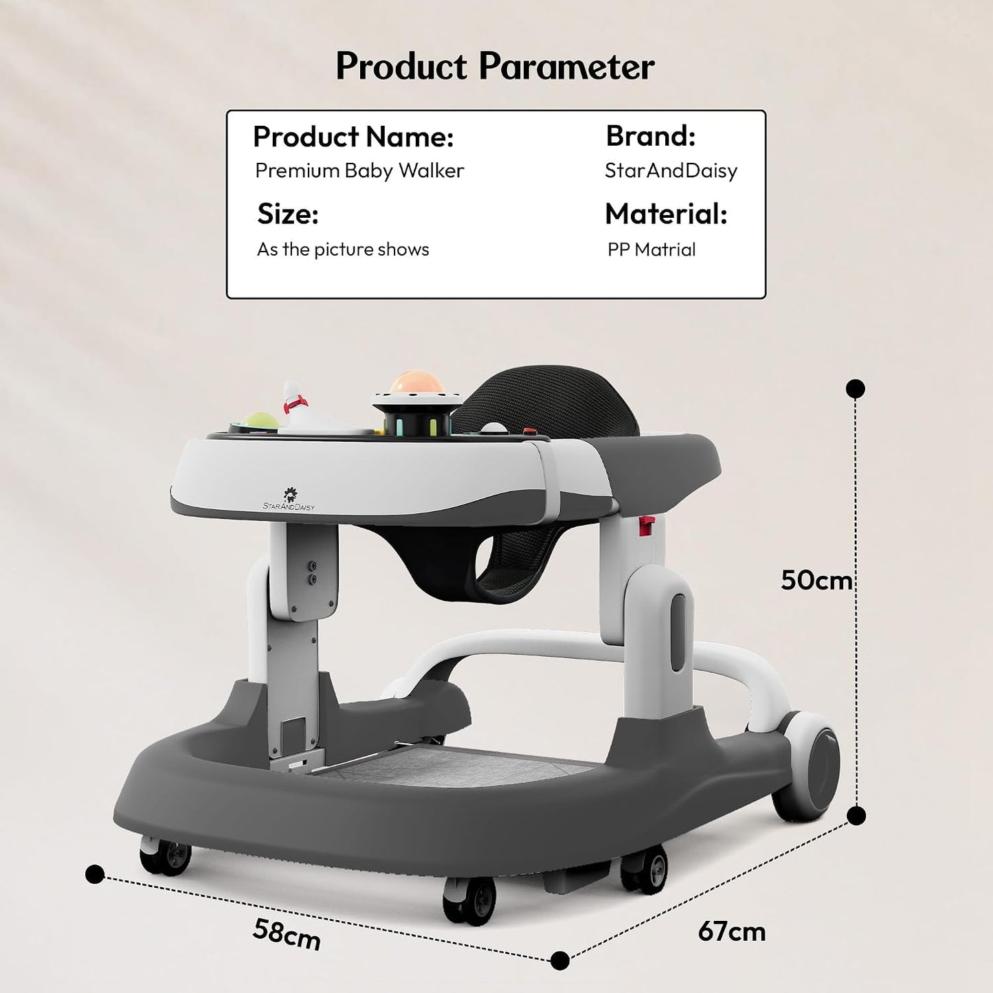 StarAndDaisy Baby Walker 6-18months Boy & Girl/Multifunction/Anti-o Shaped Leg/Anti-Fall/Music Box/Height Adjustment/Baby/Newborn/Girl/boy/ 6-15months *with SEAT Cushion - (Premium Grey)