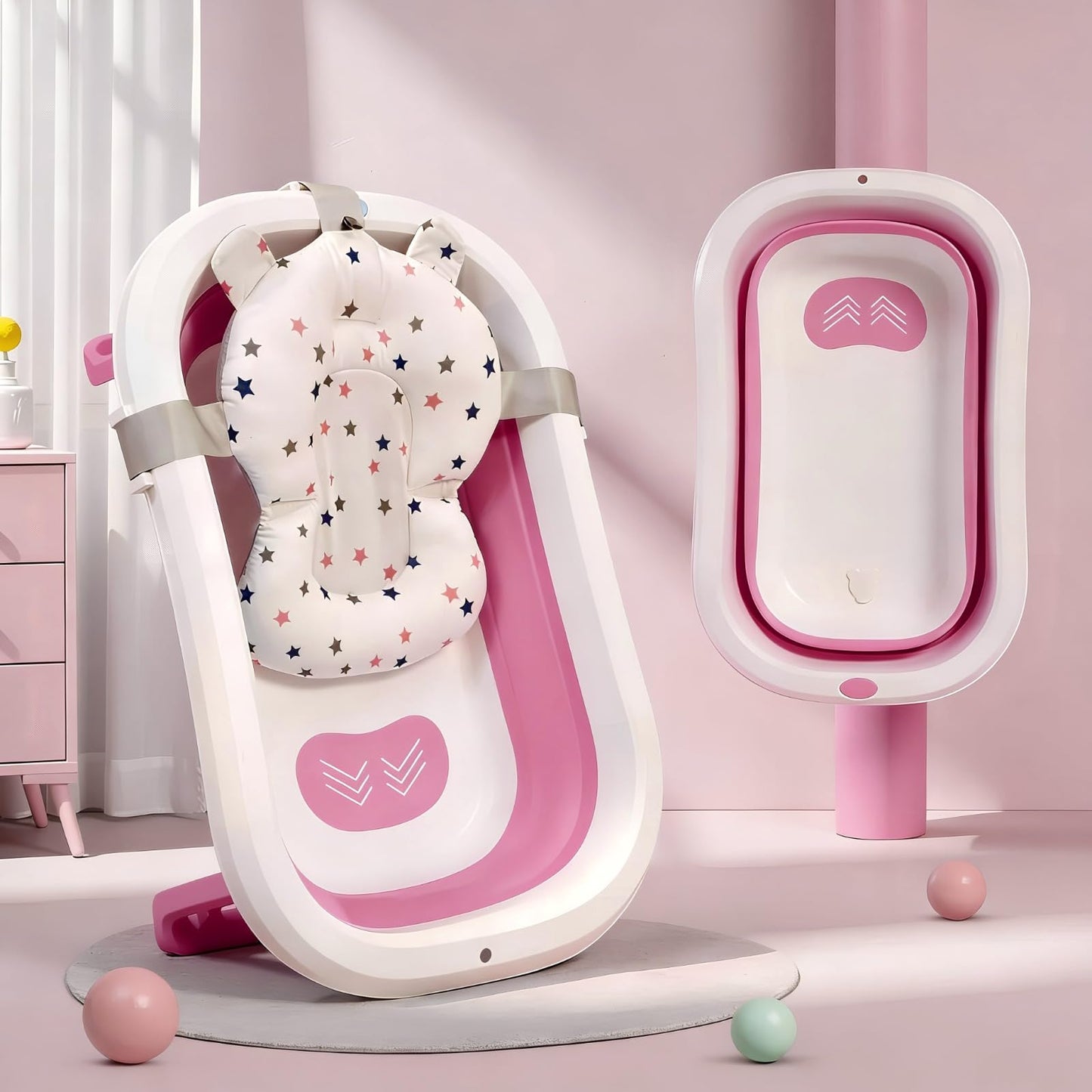 StarAndDaisy Bath Tub for Baby 0-3 Years/Foldable Bath tub for Kids with Cushion, Space Saving Design, Newborn Baby Folding Bathing Tub Girls & Boys, Easy to Store- Pink