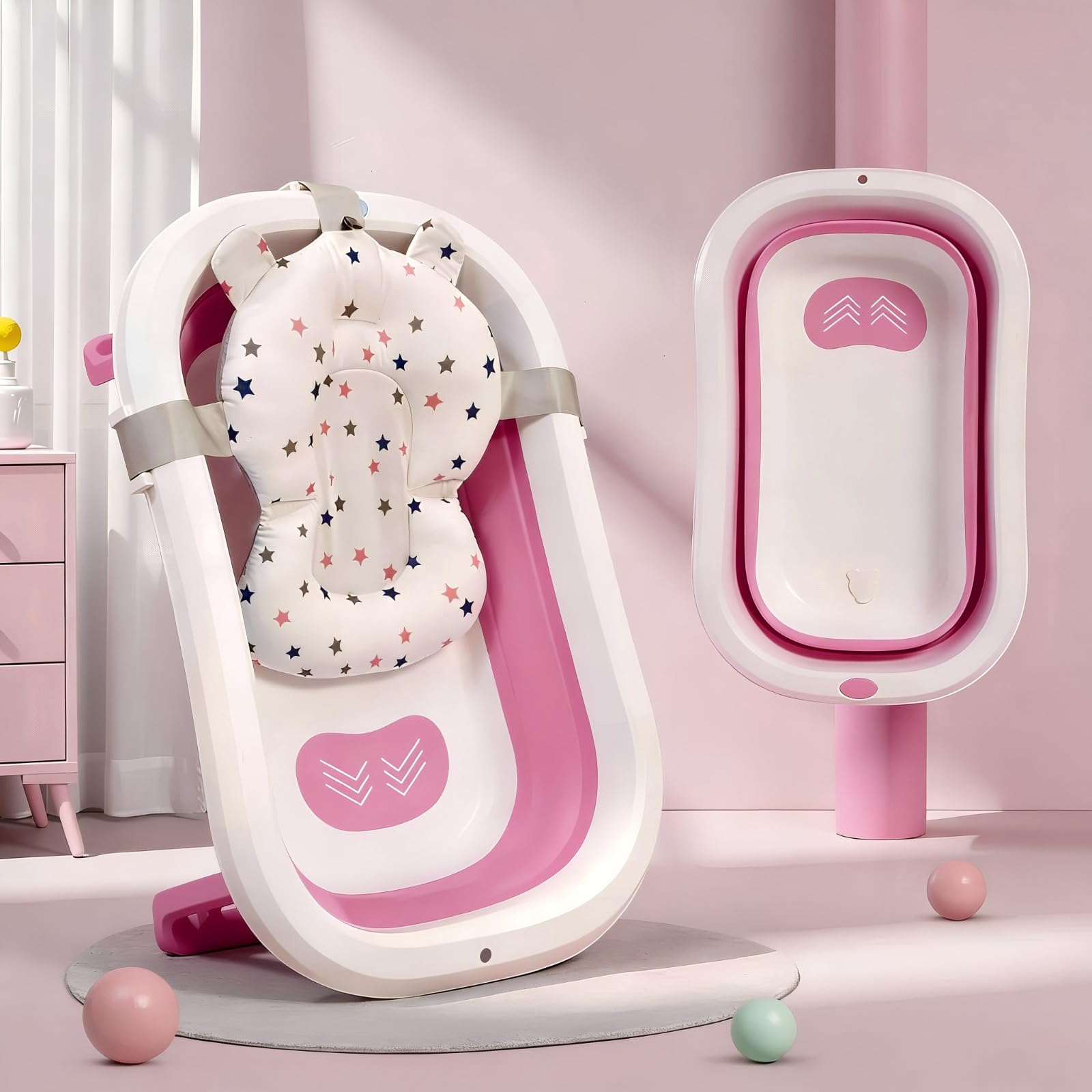 StarAndDaisy Bath Tub for Baby 0-3 Years/Foldable Bath tub for Kids with Cushion, Space Saving Design, Newborn Baby Folding Bathing Tub Girls & Boys, Easy to Store- Pink