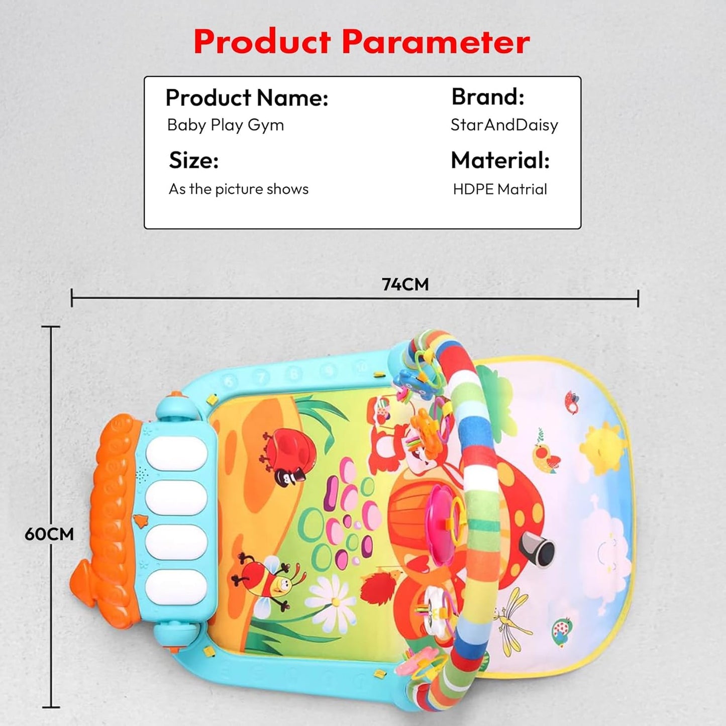 Uonibaby by StarAndDaisy Musical Baby Convertible Playmat, Play Gym Mat with Hanging Rattles Lights for 0-6 Months Babies.