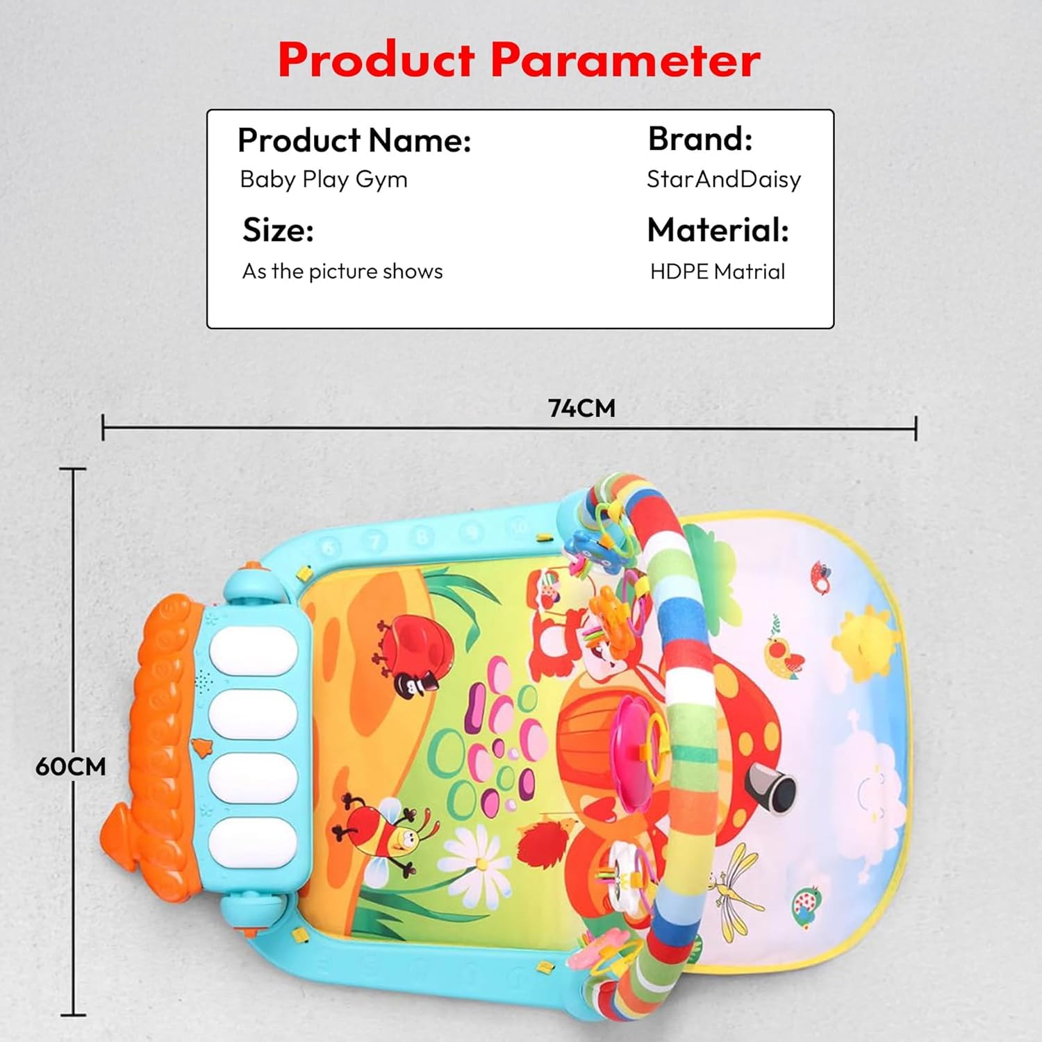 Uonibaby by StarAndDaisy Musical Baby Convertible Playmat, Play Gym Mat with Hanging Rattles Lights for 0-6 Months Babies.
