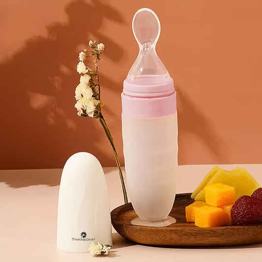 StarAndDaisy Squeeze Spoon +4 Month Baby, BPA Freen Premium Baby Food Feeder Squeeze Spoon with Leak Proof Sheet Cover, 90ML Bottle, Soft Silicone Tip- Pink