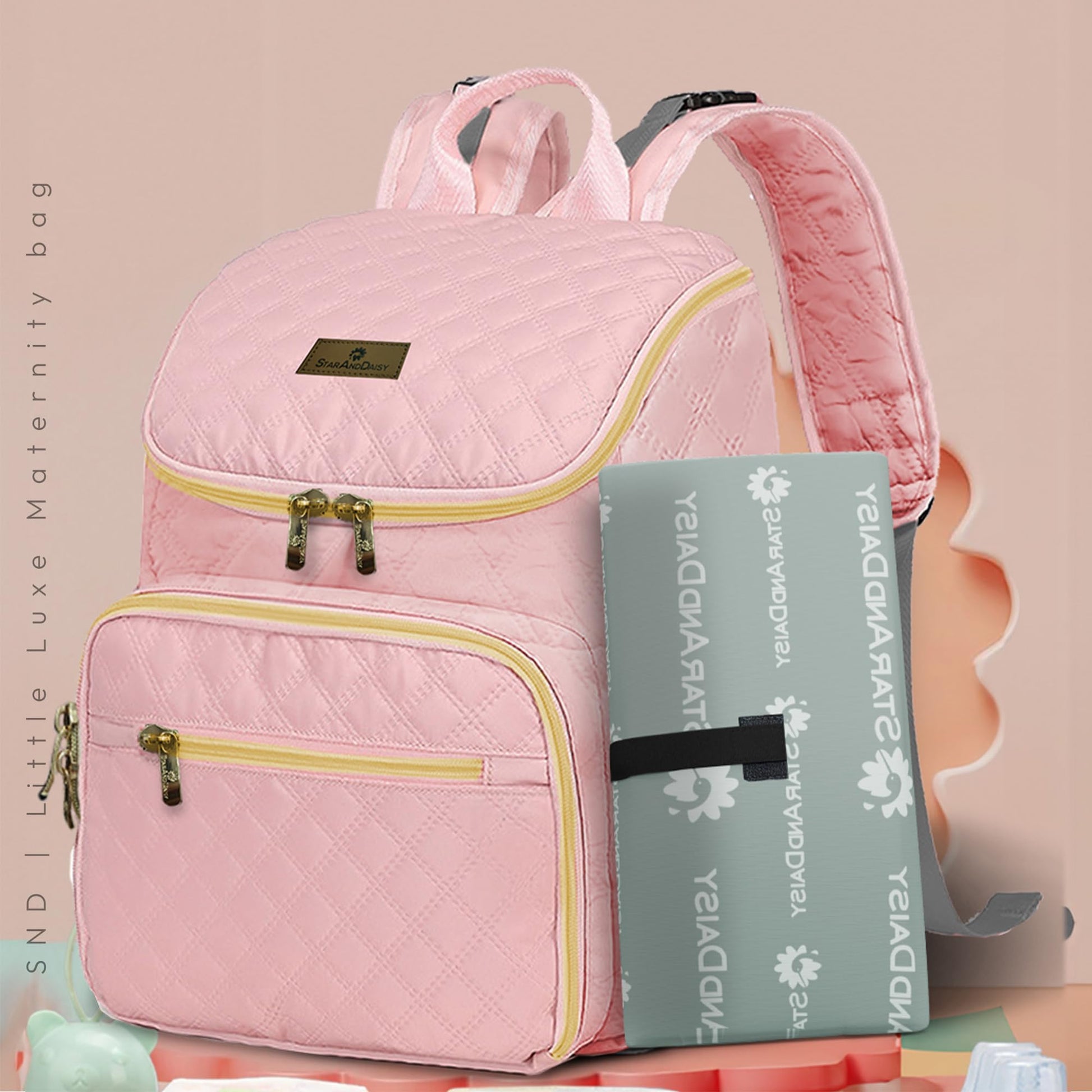 StarAndDaisy Baby Bag for Mother Travel/Maternity Bag with Multi-Compartments, Insulated Bottle Pockets with Changing Sheet, Waterproof 24L Capacity- Grey (Pink)