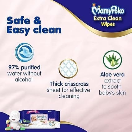 MamyPoko Extra clean wipes with Aloe vera - 72 Wipes (Pack of 2)
