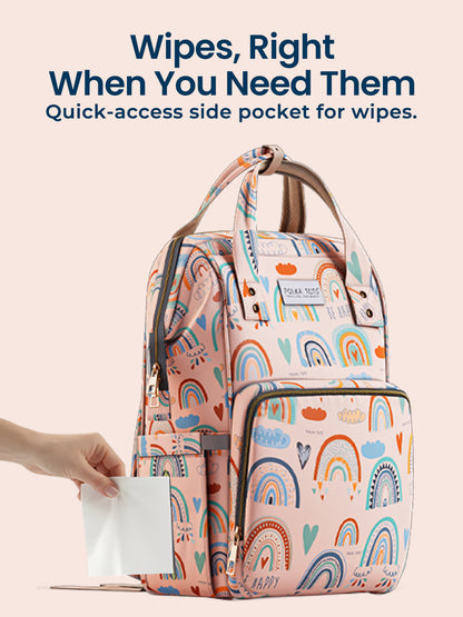 Polka Tots Stylish Multifunctional Rainbow Diaper Bag For Mothers Travel With Pouch - Pink